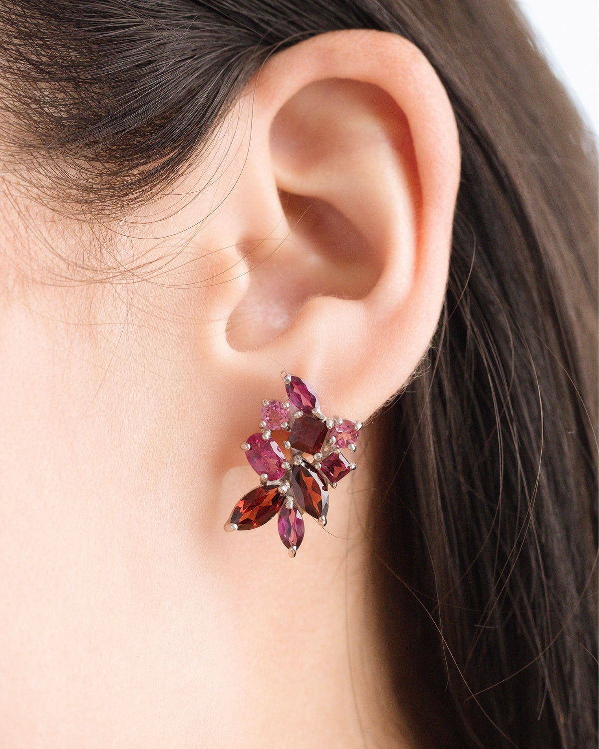 Large Red Gemstone Cluster Earrings in Sterling Silver