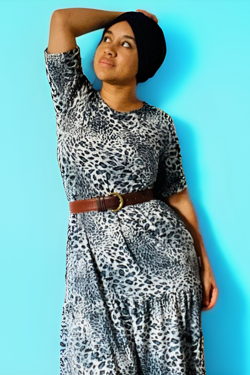 The Midi Breastfeeding Dress - Grey Leopard Cotton