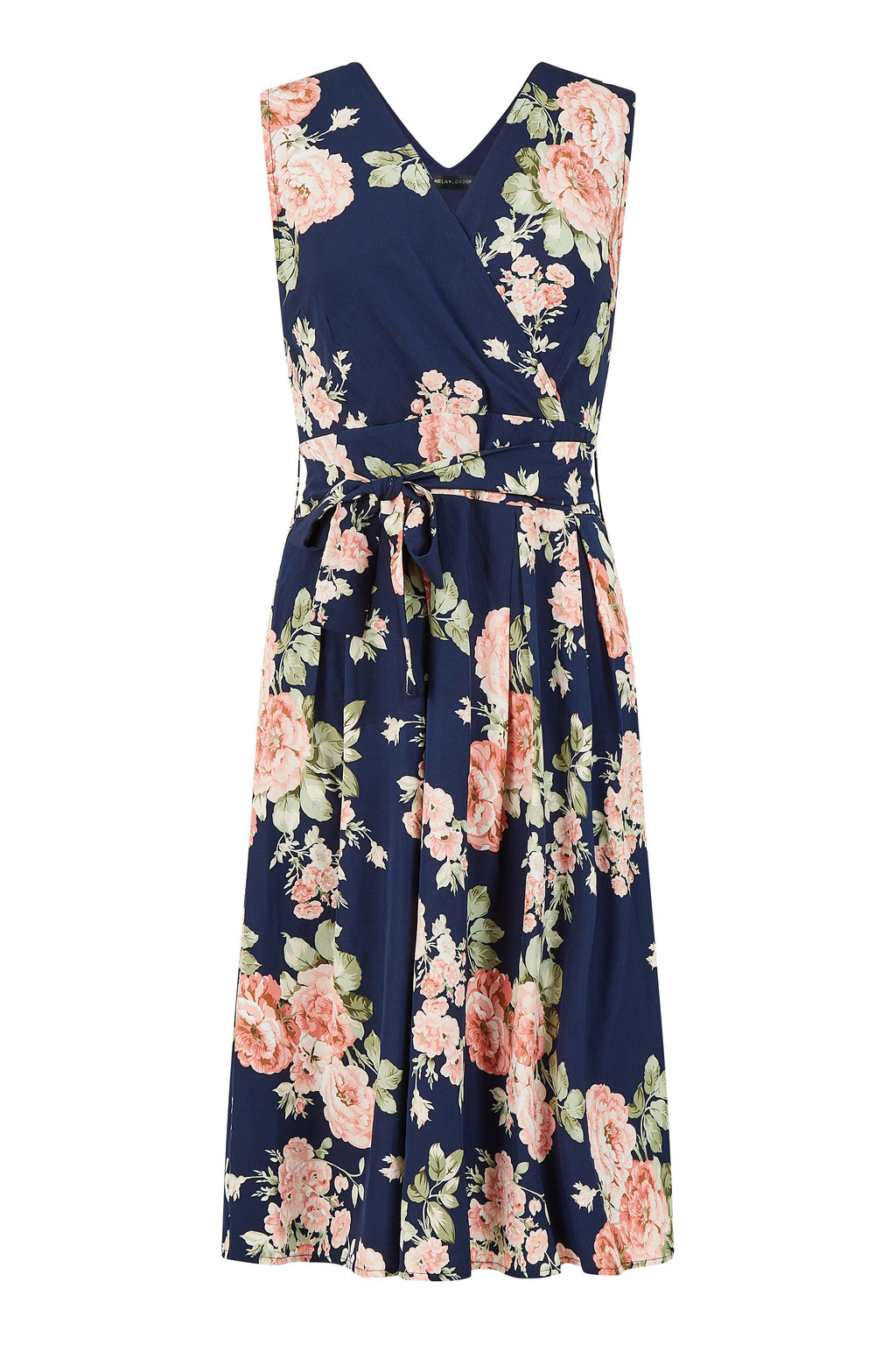 Yumi Navy Rose Printed Wrap Over Sleeveless Skater Dress