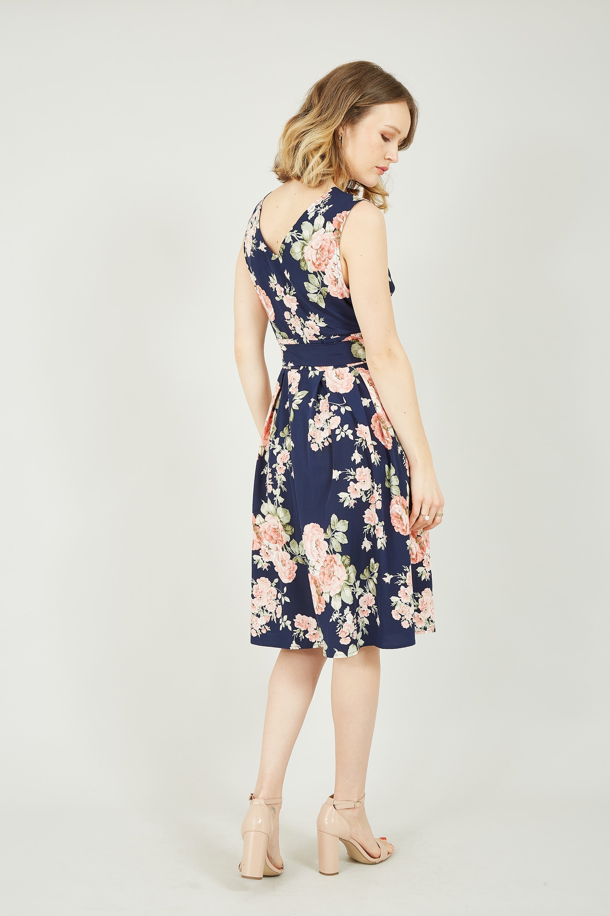 Yumi Navy Rose Printed Wrap Over Sleeveless Skater Dress