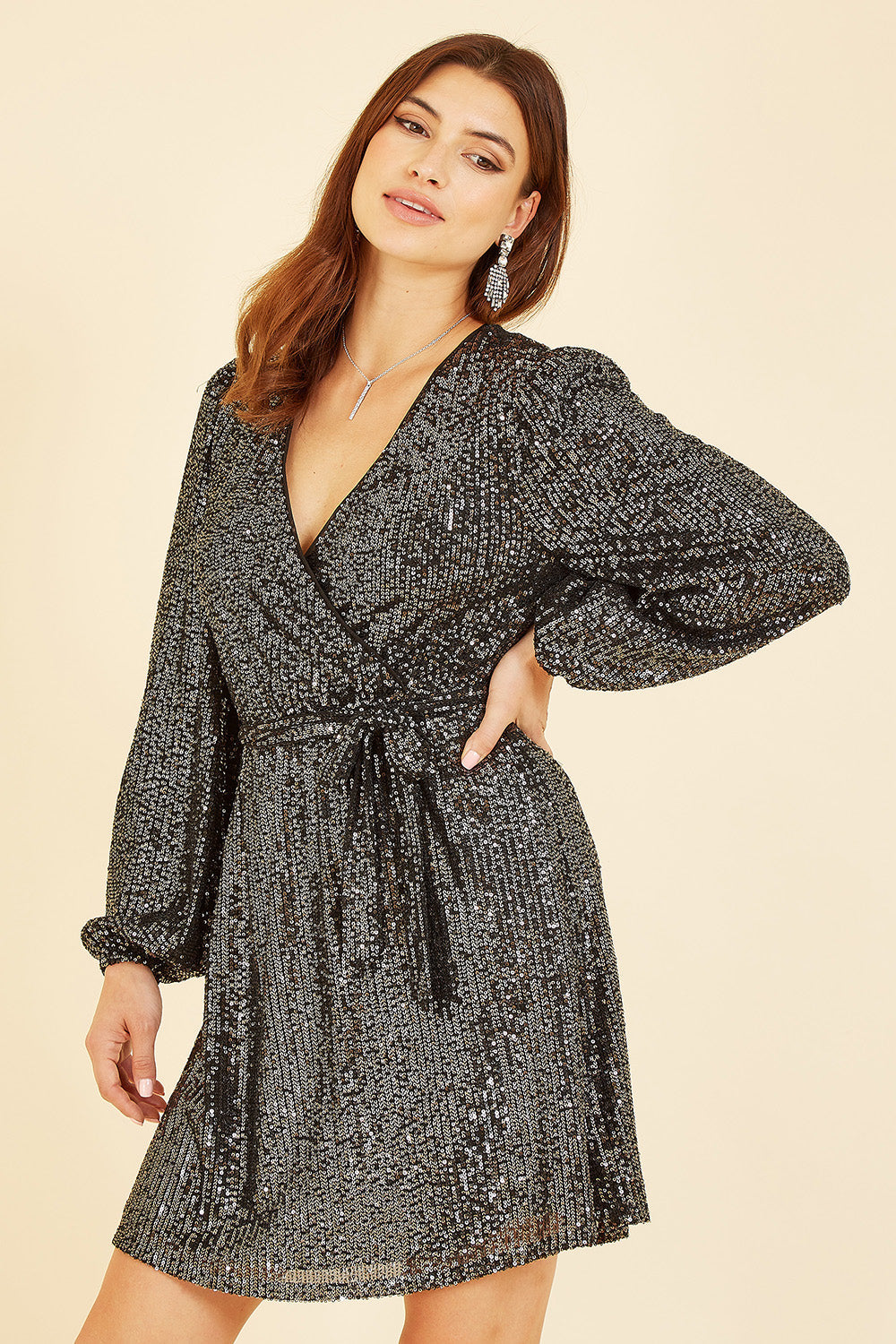 Mela Black Sequin Belted Wrap Long Sleeve Dress