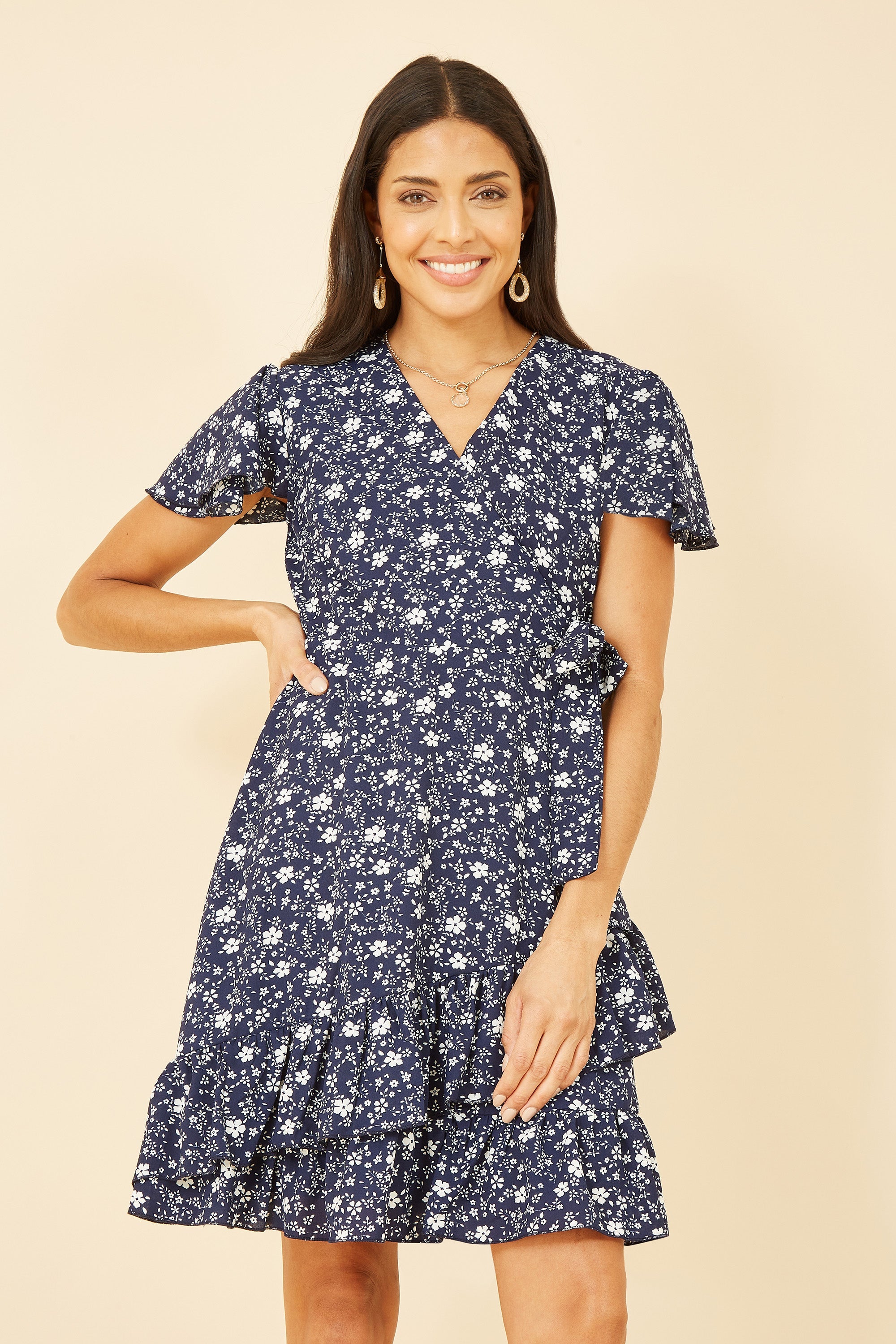 Yumi Navy Ditsy Floral Wrap Frill Dress
