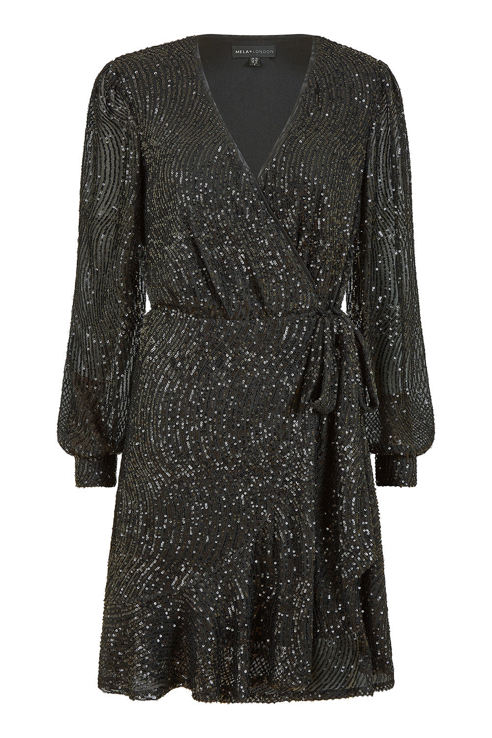 Mela Black Sequin Long Sleeve Frill Wrap Dress