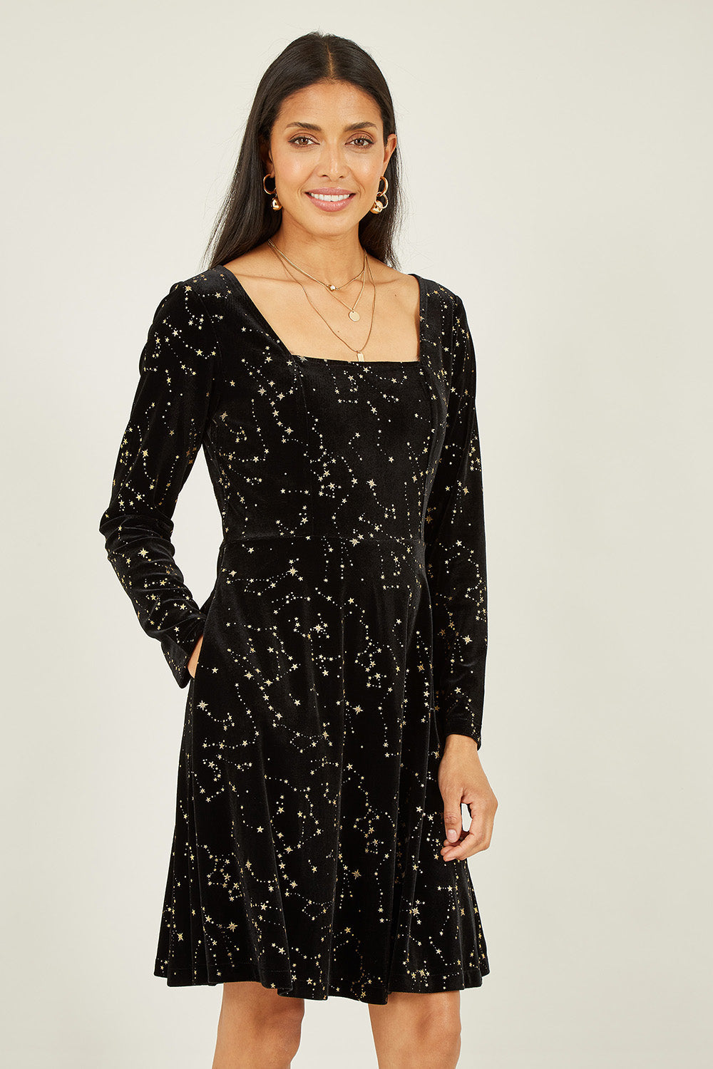 Mela Black Star Foil Print Long Sleeve Skater Dress