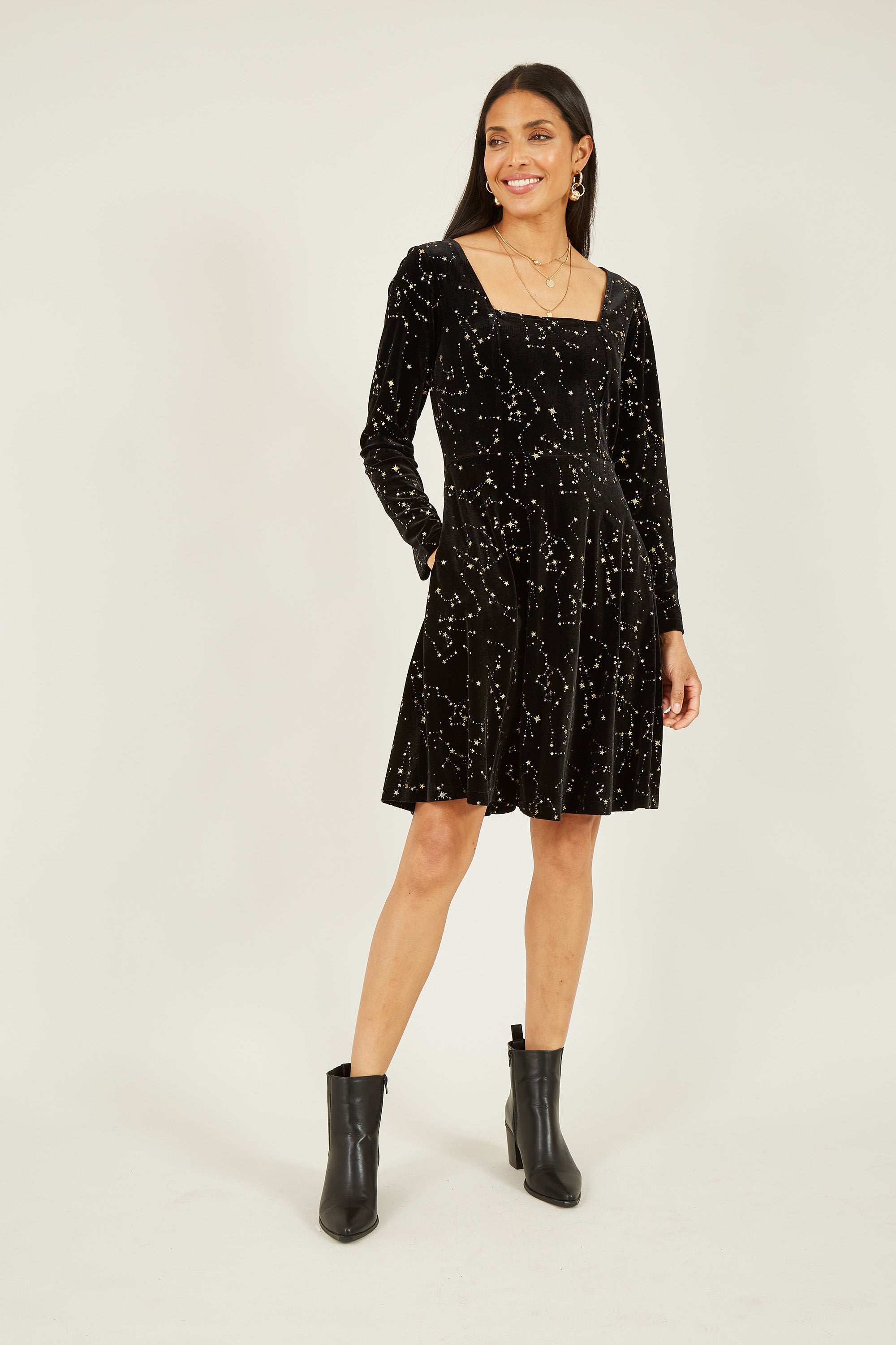 Yumi Black Star Foil Print Long Sleeve Skater Dress
