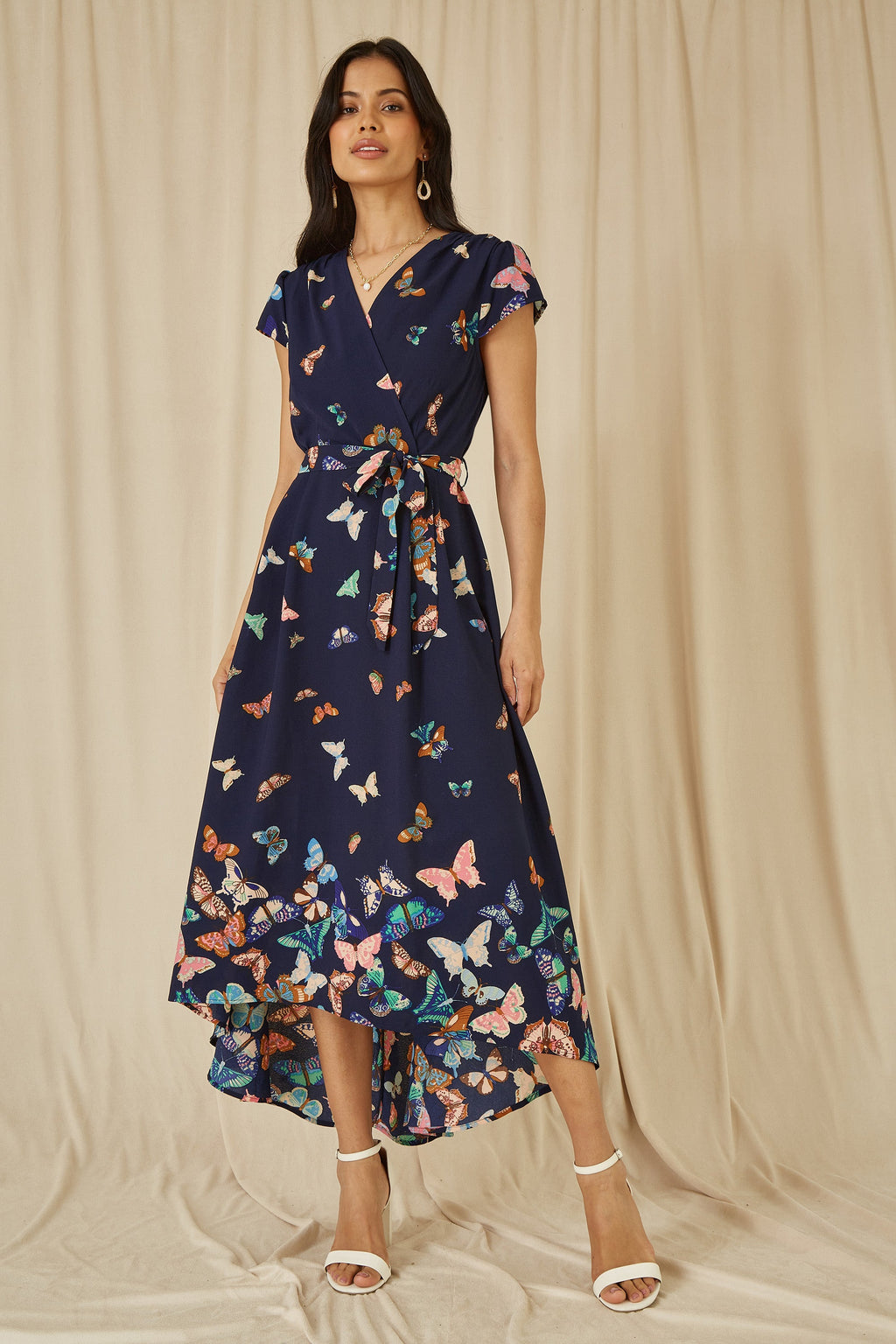 Yumi Navy Butterfly Print Dip Hem Midi Wrap Dress