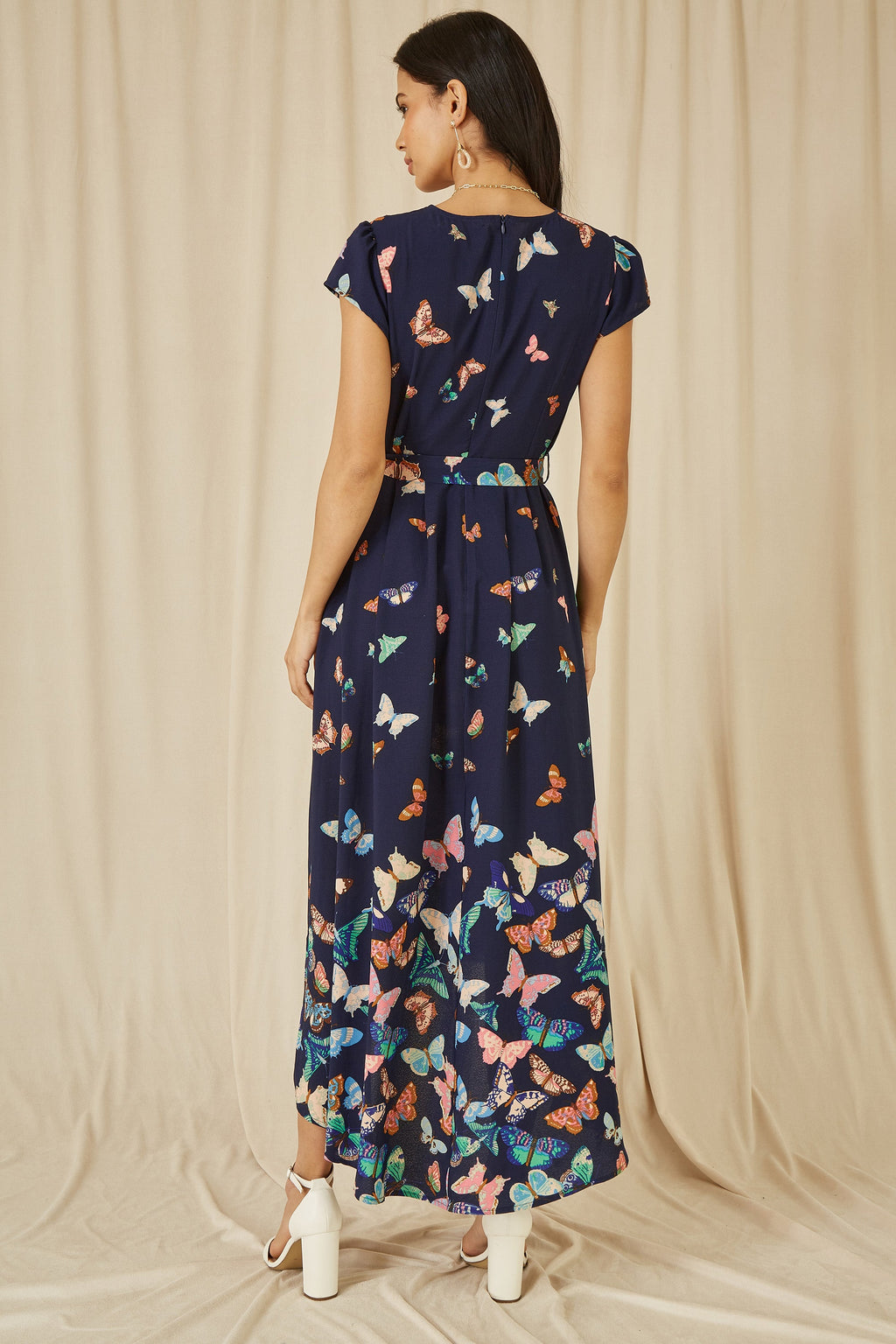Yumi Navy Butterfly Print Dip Hem Midi Wrap Dress