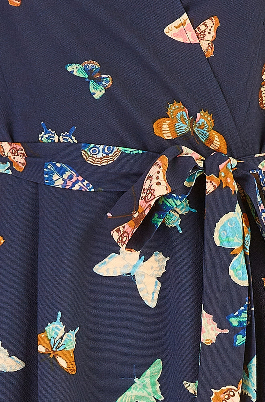 Yumi Navy Butterfly Print Dip Hem Midi Wrap Dress