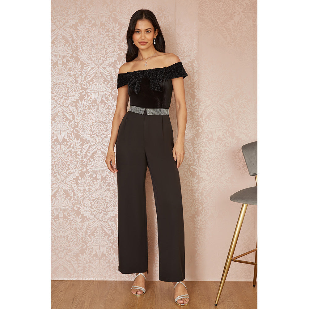 Mela Black Sparkle Black Velvet Bow Bardot Top