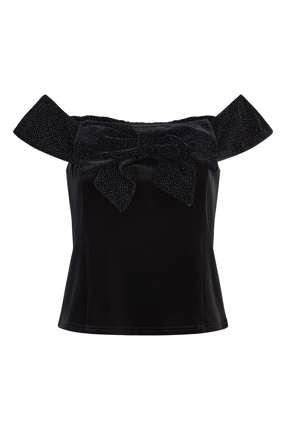 Mela Black Sparkle Black Velvet Bow Bardot Top