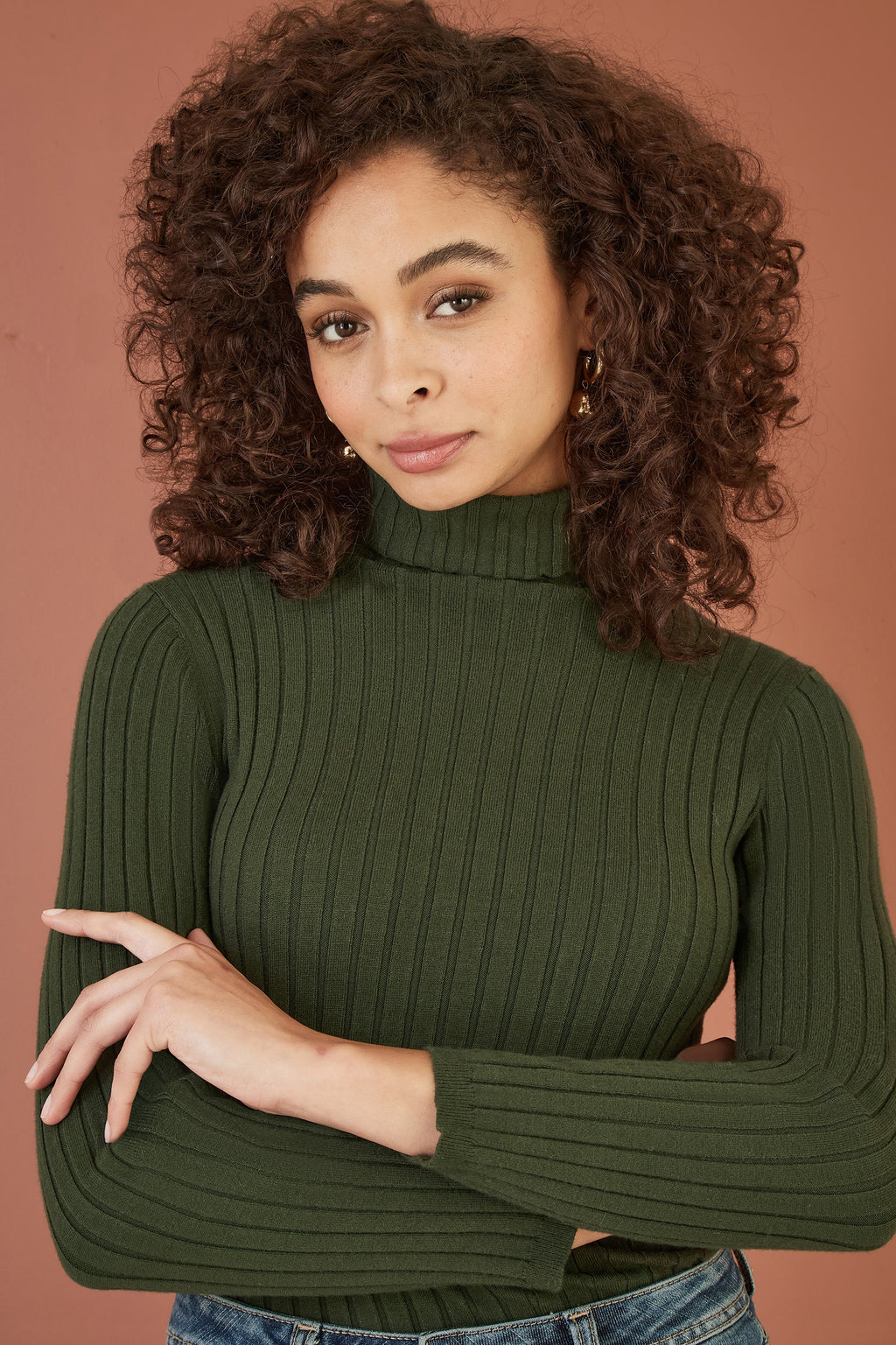 Yumi Green Ribbed Knit Roll Neck Jumper