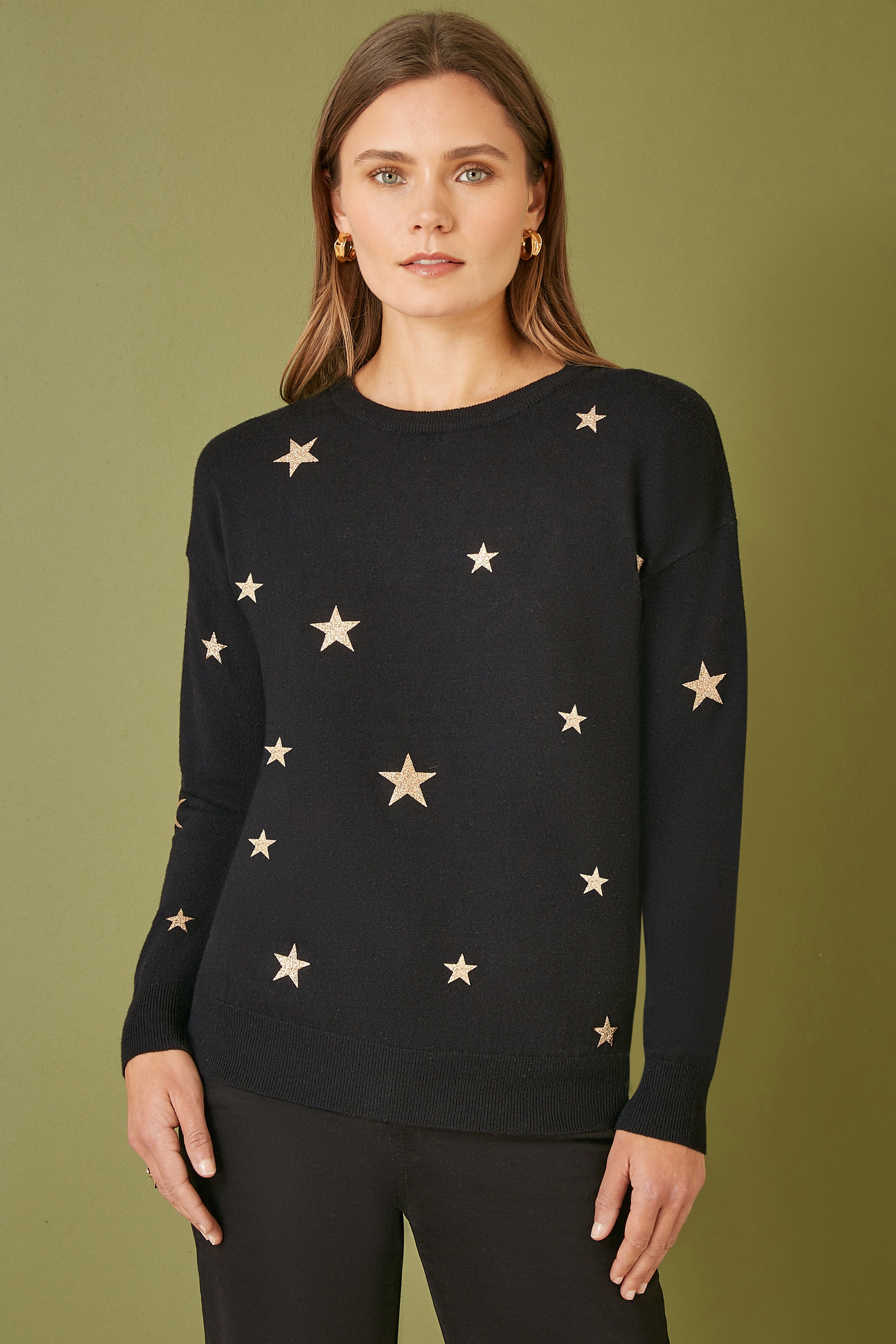 Yumi Black Gold Foil Star Print Relaxed Fit Jumper