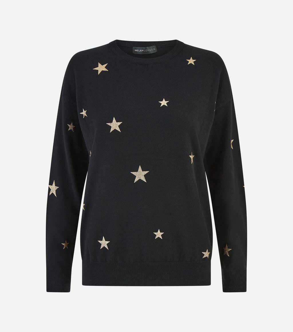 Yumi Black Gold Foil Star Print Relaxed Fit Jumper