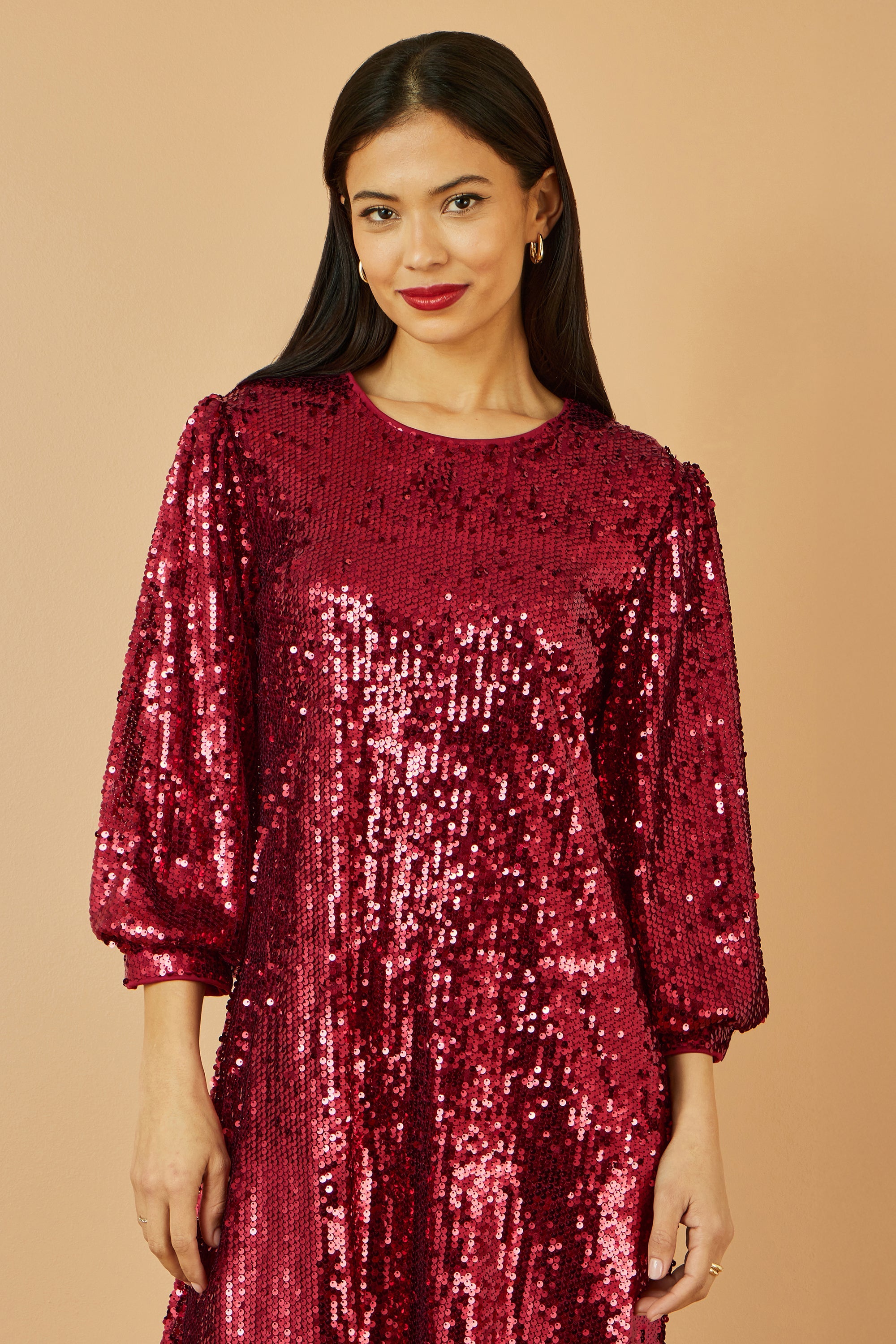 Yumi Burgundy Sequin Tunic Dress With Balloon Sleeves