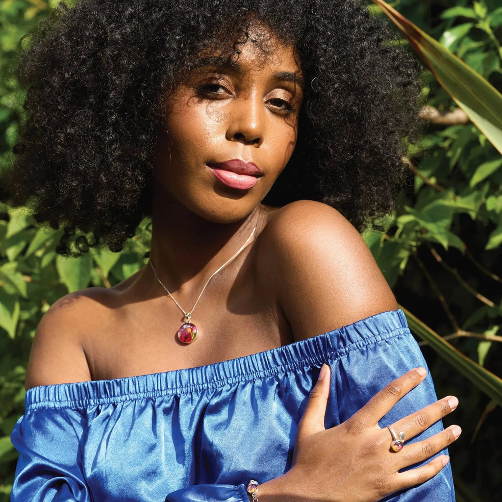 Sterling silver round pendant with real flowers by Shrieking Violet®