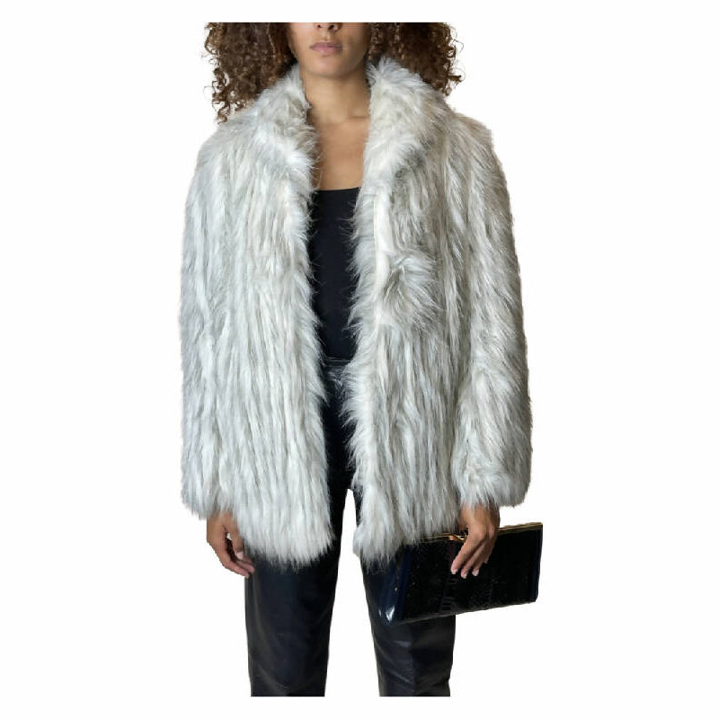 Original Vintage 1970's White & Grey Faux Fur Coat UK 8 - 14