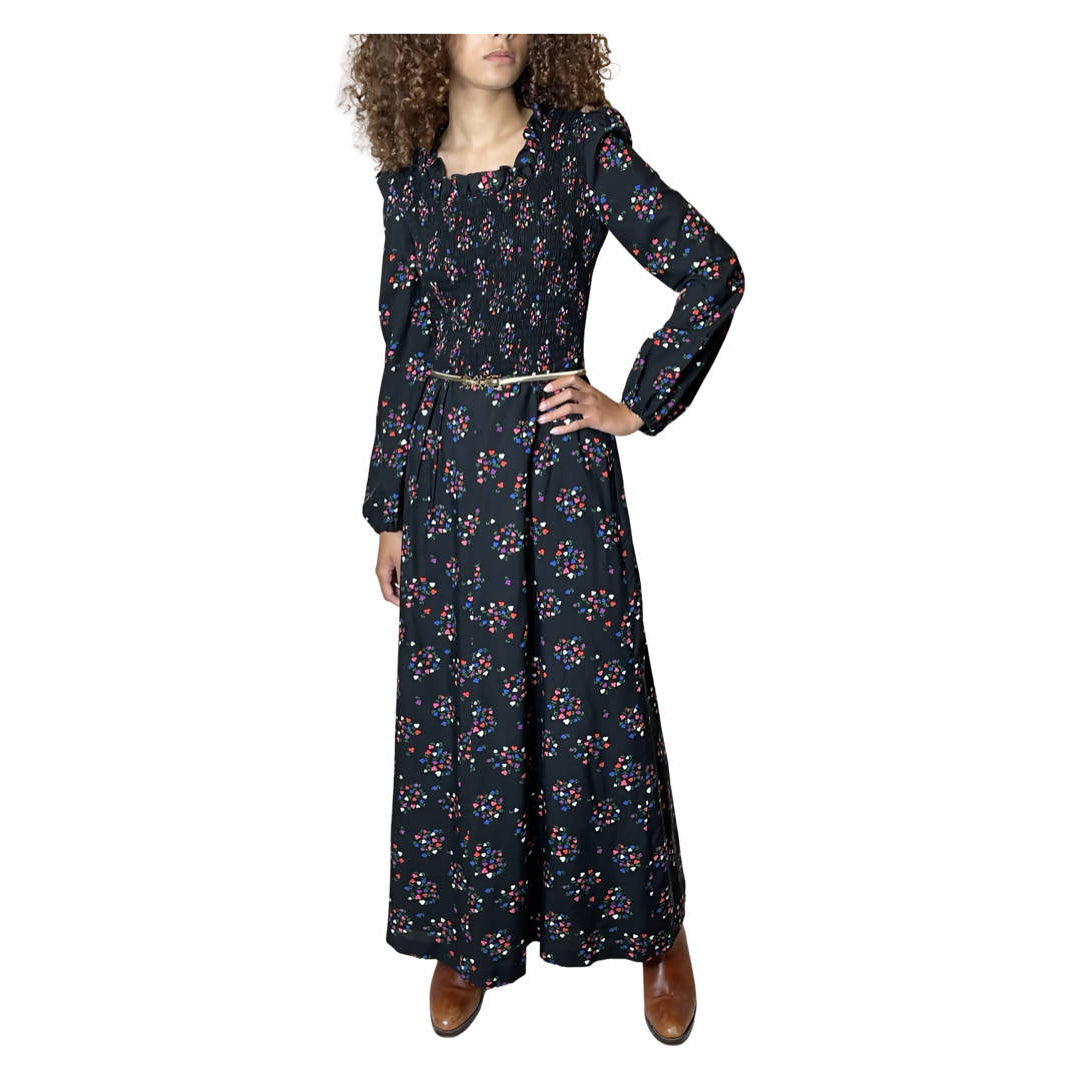 Original 1970's Vintage Black Maxi Dress With Floral Print UK 10 - 12