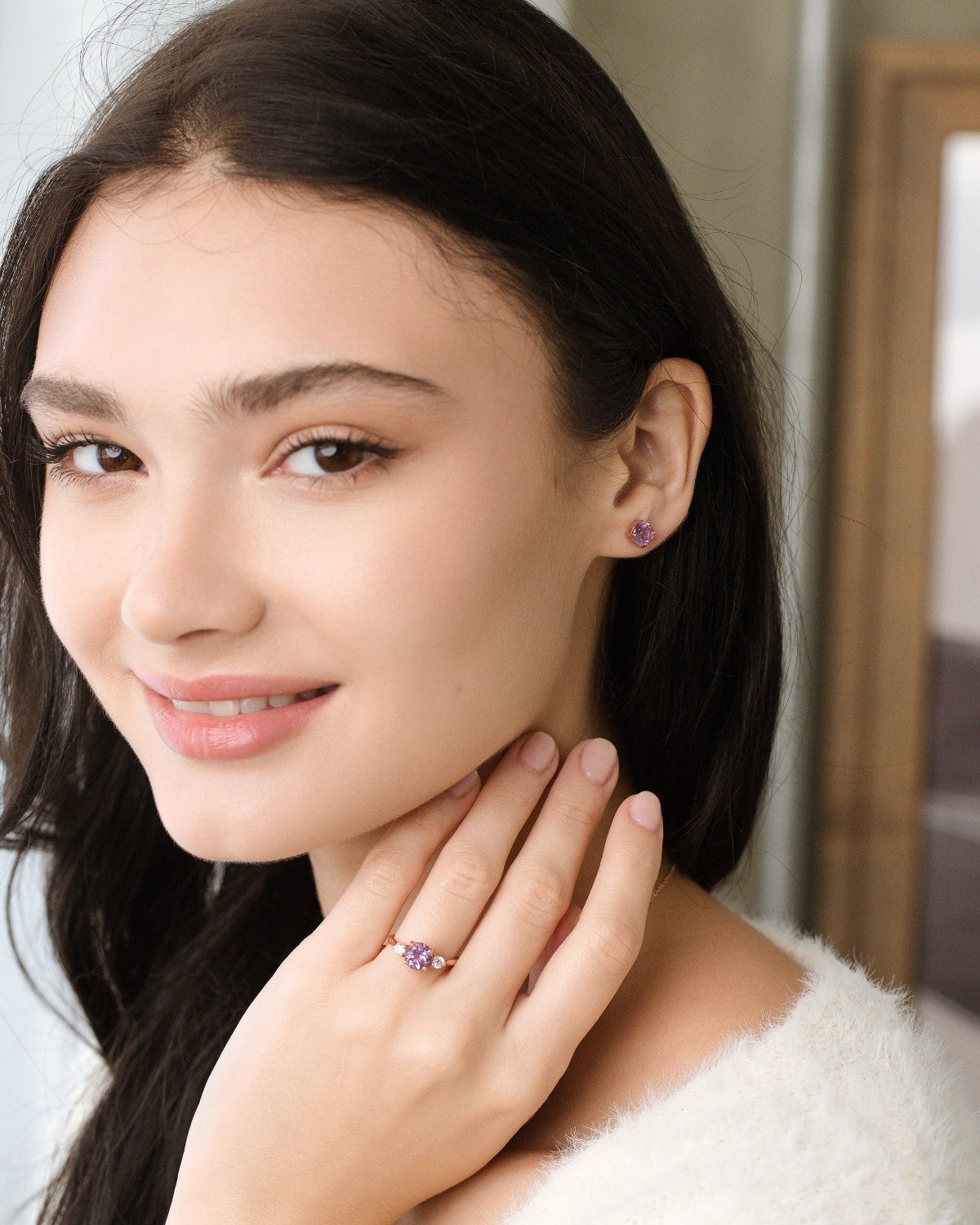 Lavender Amethyst Three Stone Ring in 18k Rose Gold Vermeil