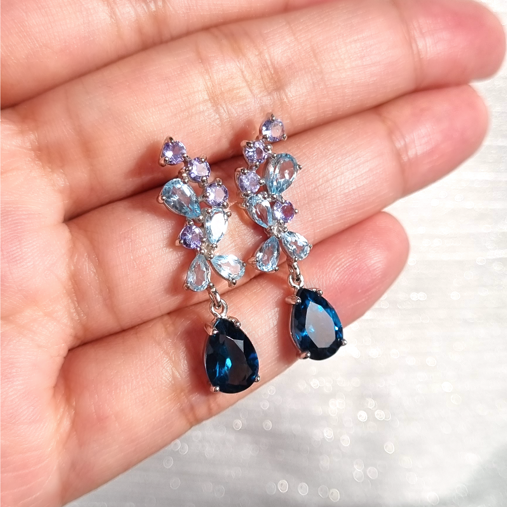 Blue Gemstone Drop Earrings in Sterling Silver