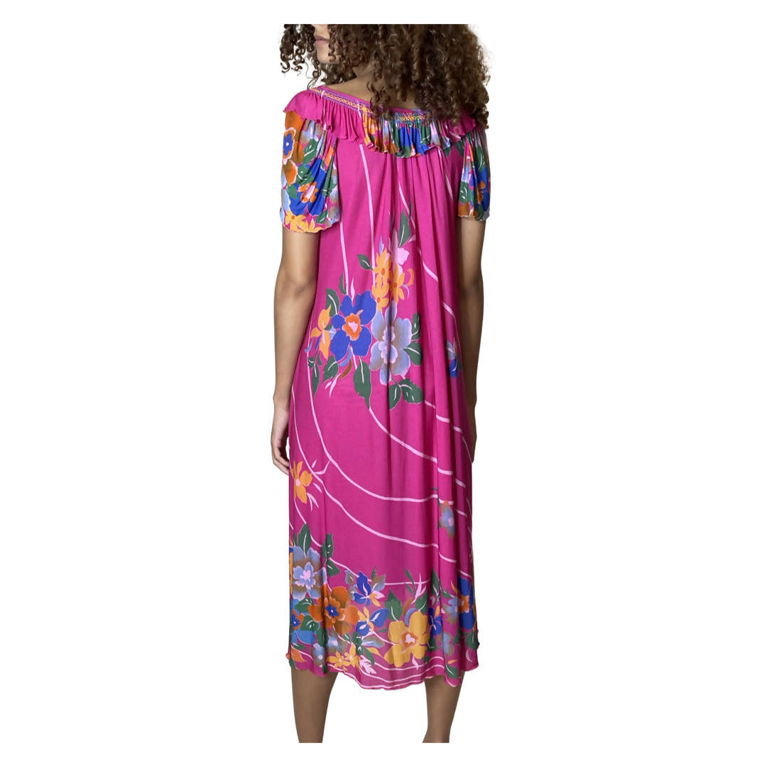 Original 1970's Vintage Bright Pink Floral Dress UK 8 - 12