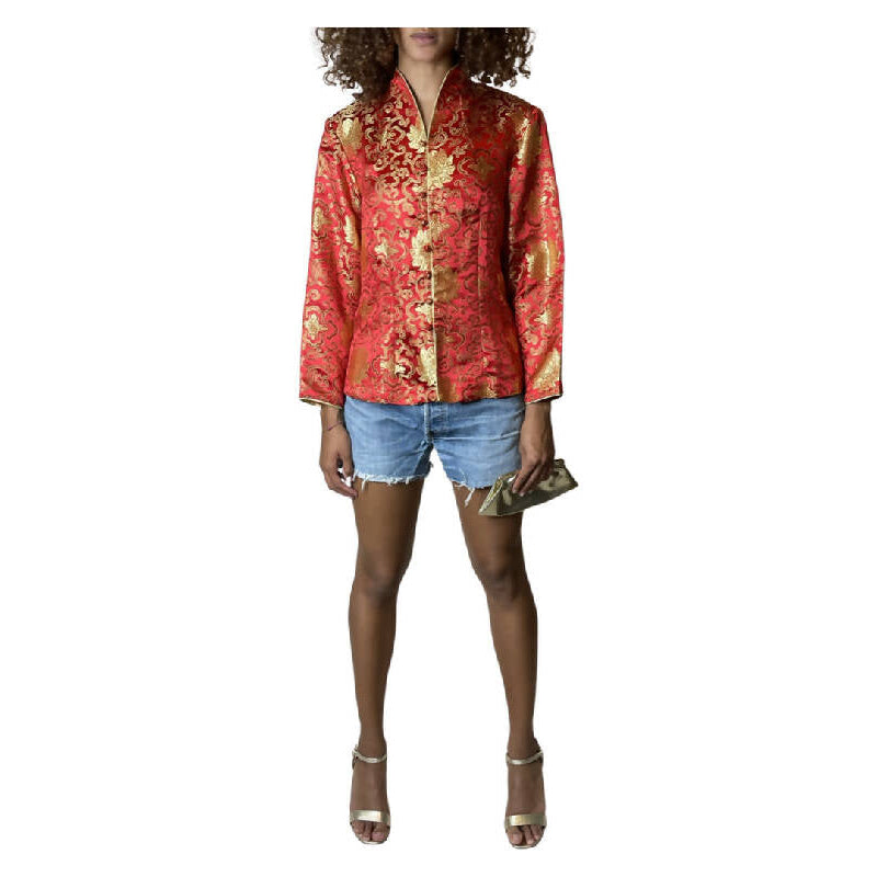 Original Vintage Oriental Red & Gold Floral Print Satin Jacket UK 8 - 12