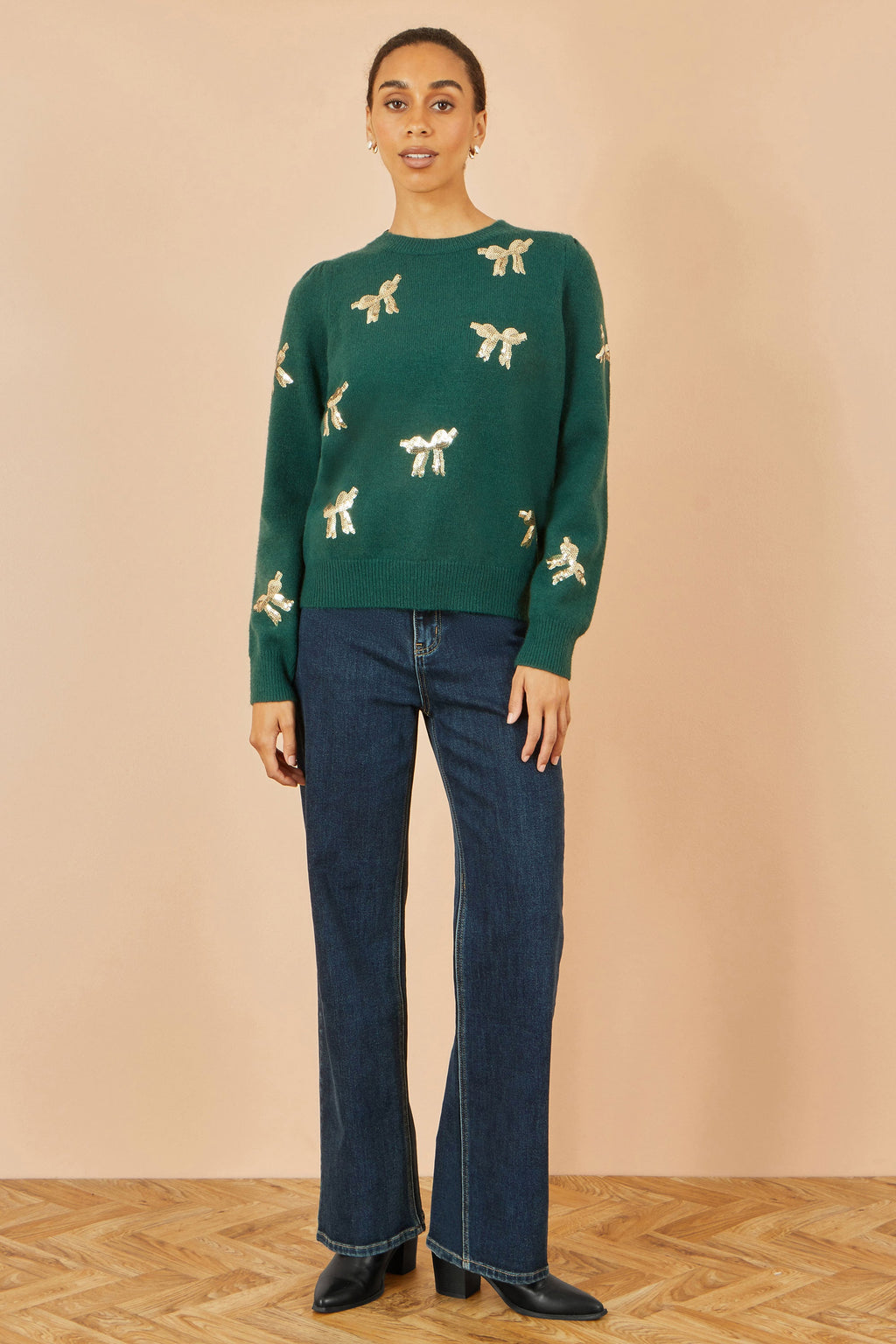 Yumi Green Sequin All Over Applique Bow Knitted Jumper