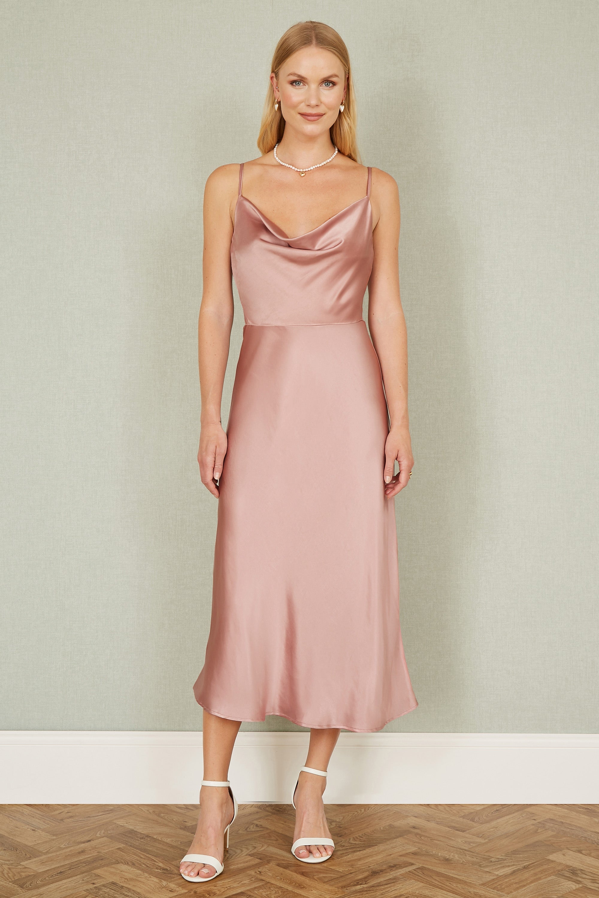 Yumi Rose Pink Satin Cowl Neck Midi Slip Dress