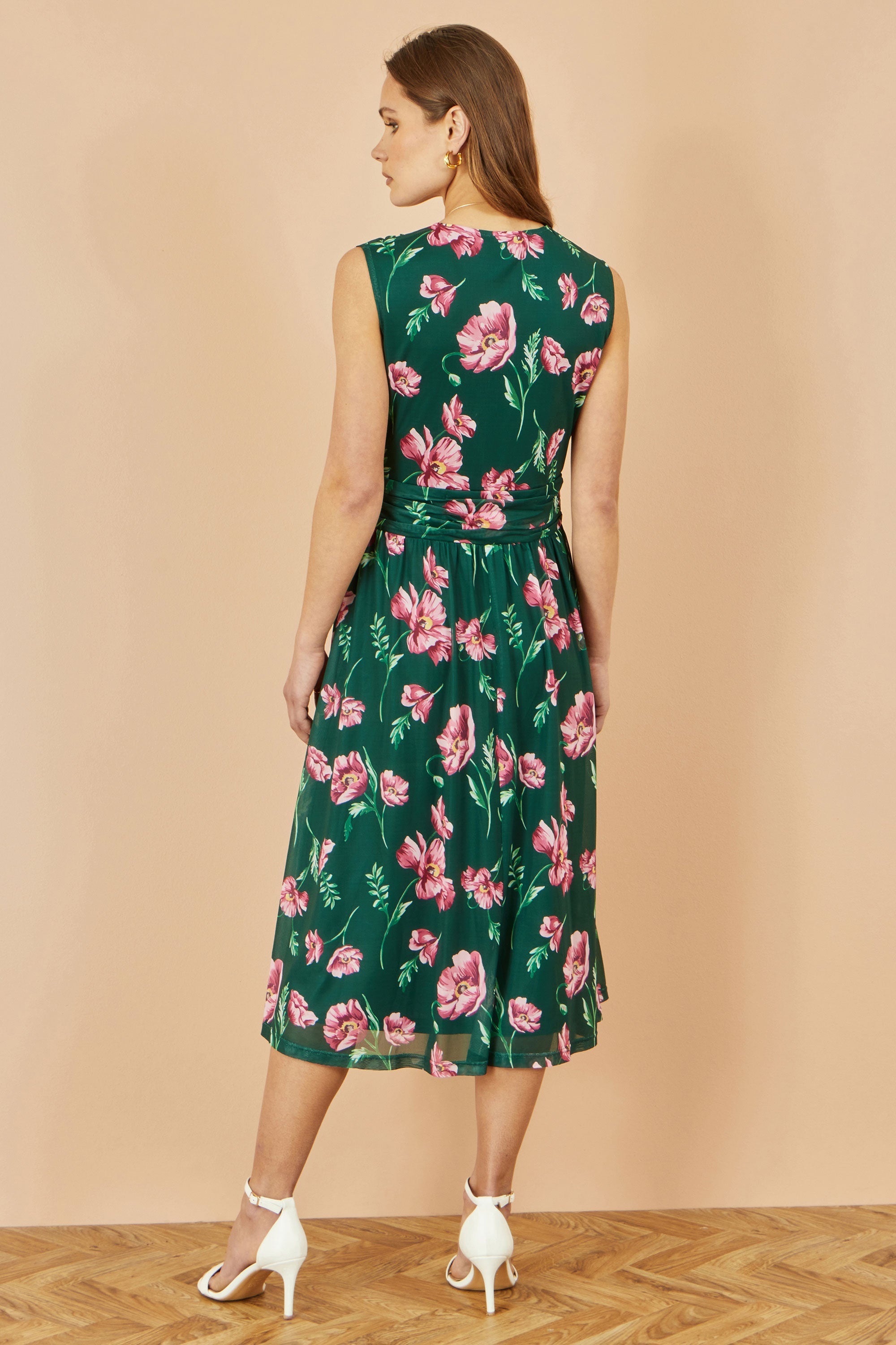 Yumi Green Floral Print Mesh Stretch Midi Dress With Pockets