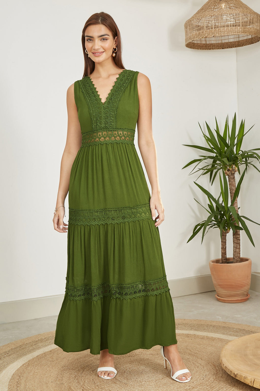 Yumi Green Lace Trim Cotton Midi Sun Dress