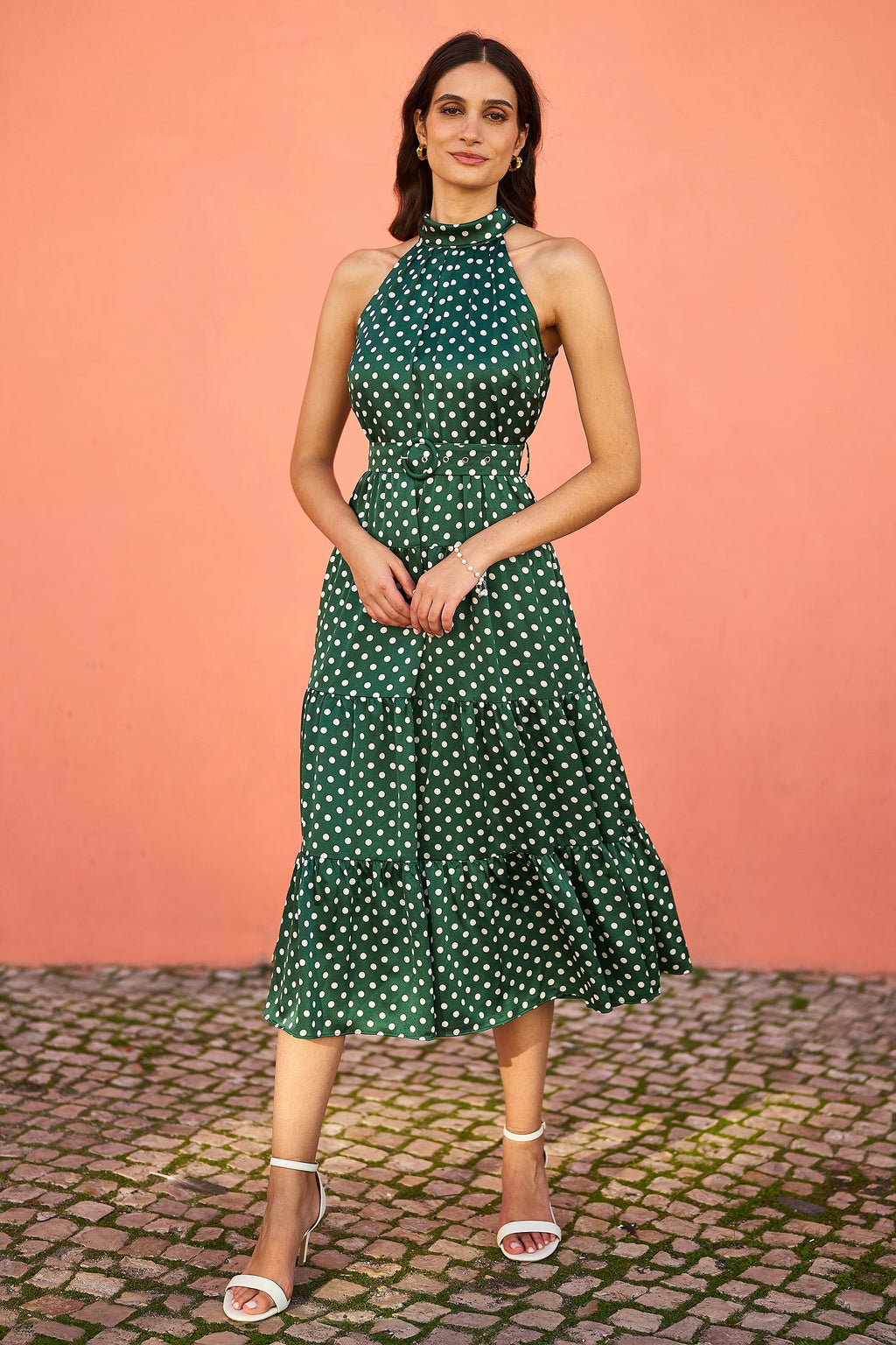 Yumi Green Spot Print Halter Midi Dress With Matching Belt