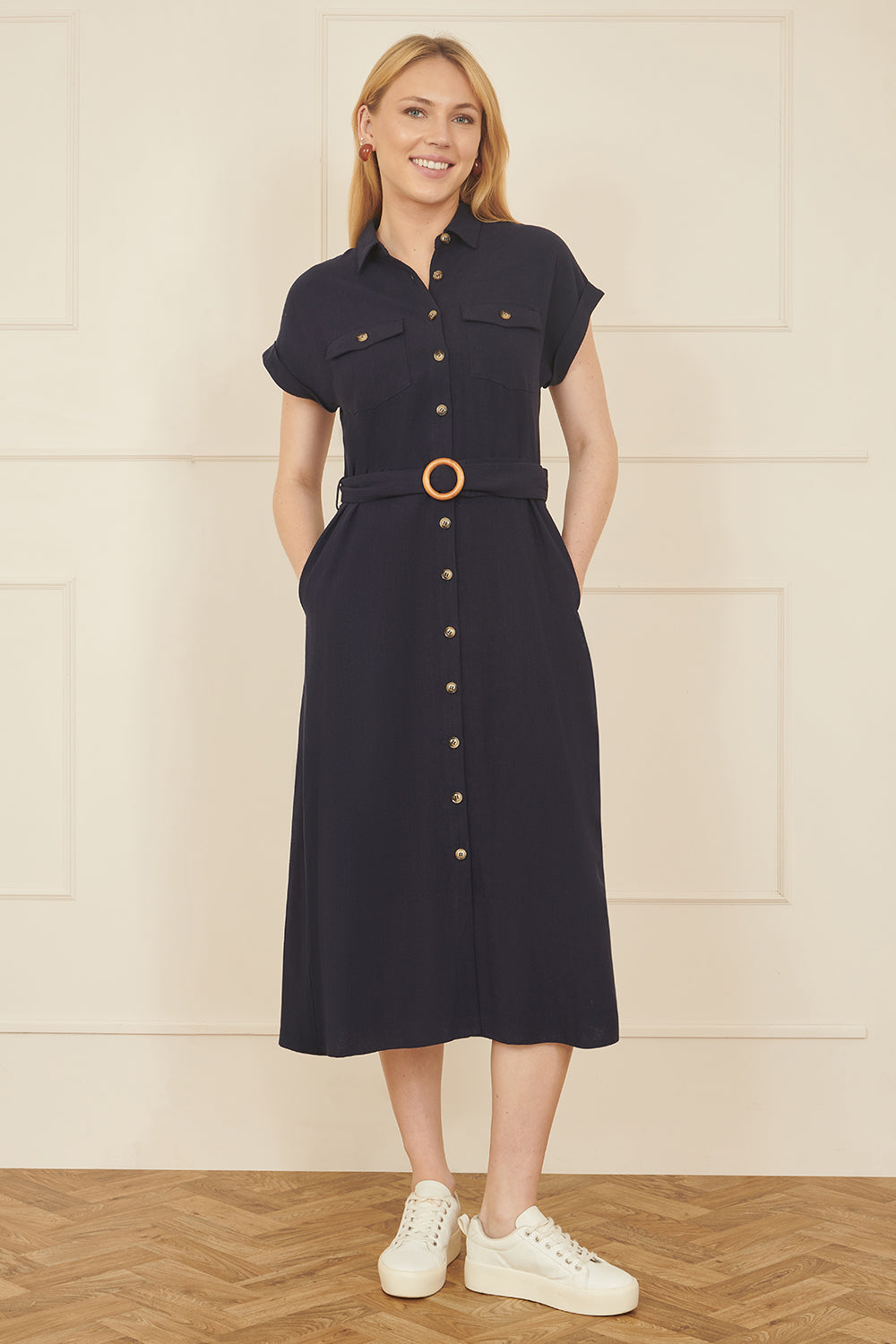 Yumi Navy Viscose Linen Look Midi Shirt Dress With Wooden Belt