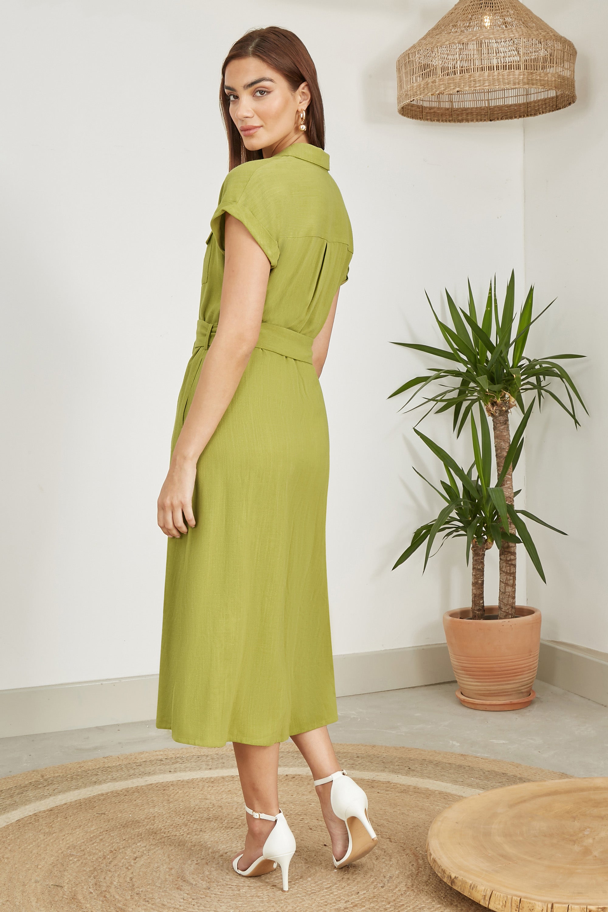 Yumi Green Viscose Linen Look Midi Shirt Dress With Wooden Belt