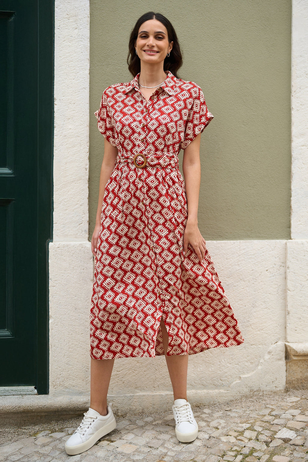Yumi Red Viscose Midi Shirt Dress With Matching Belt