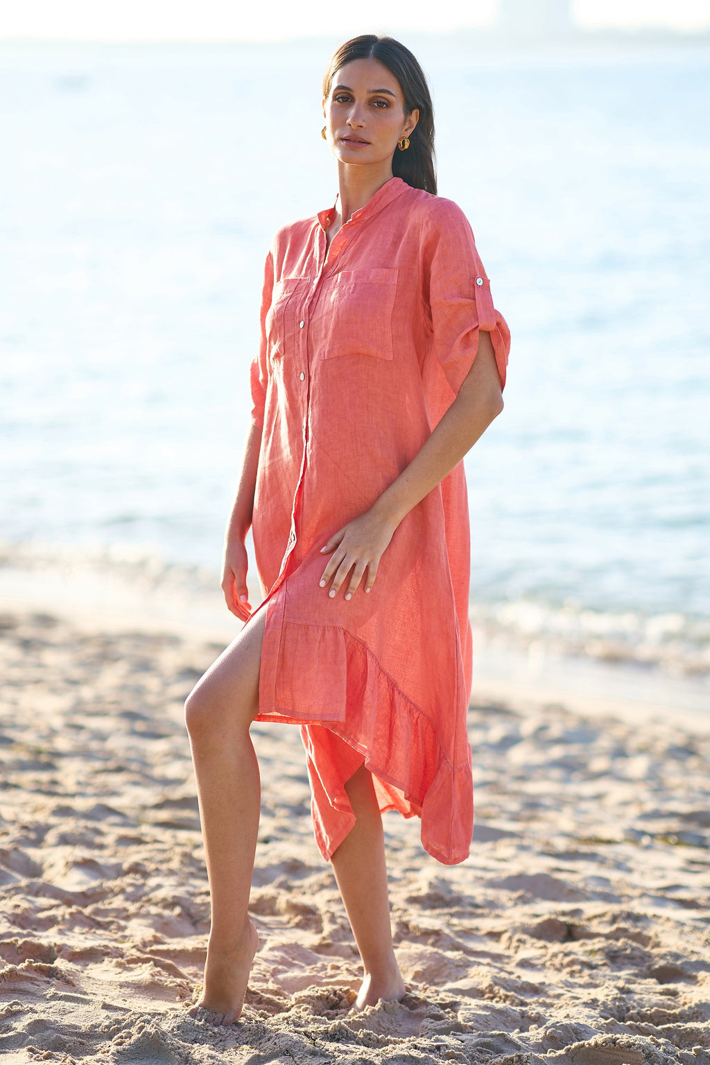 Yumi Coral Italian Linen Shirt Dress With Frill Hem