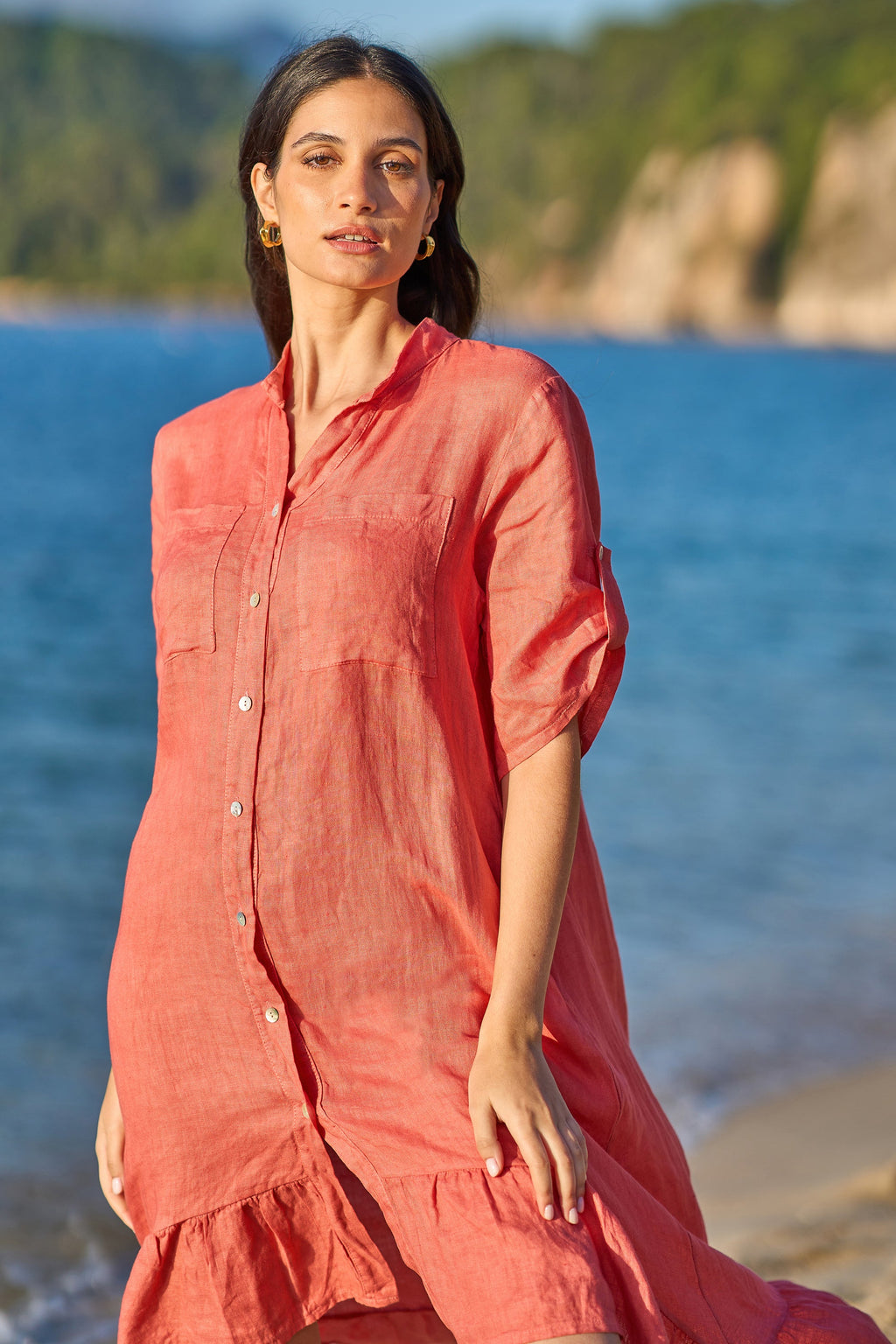 Yumi Coral Italian Linen Shirt Dress With Frill Hem