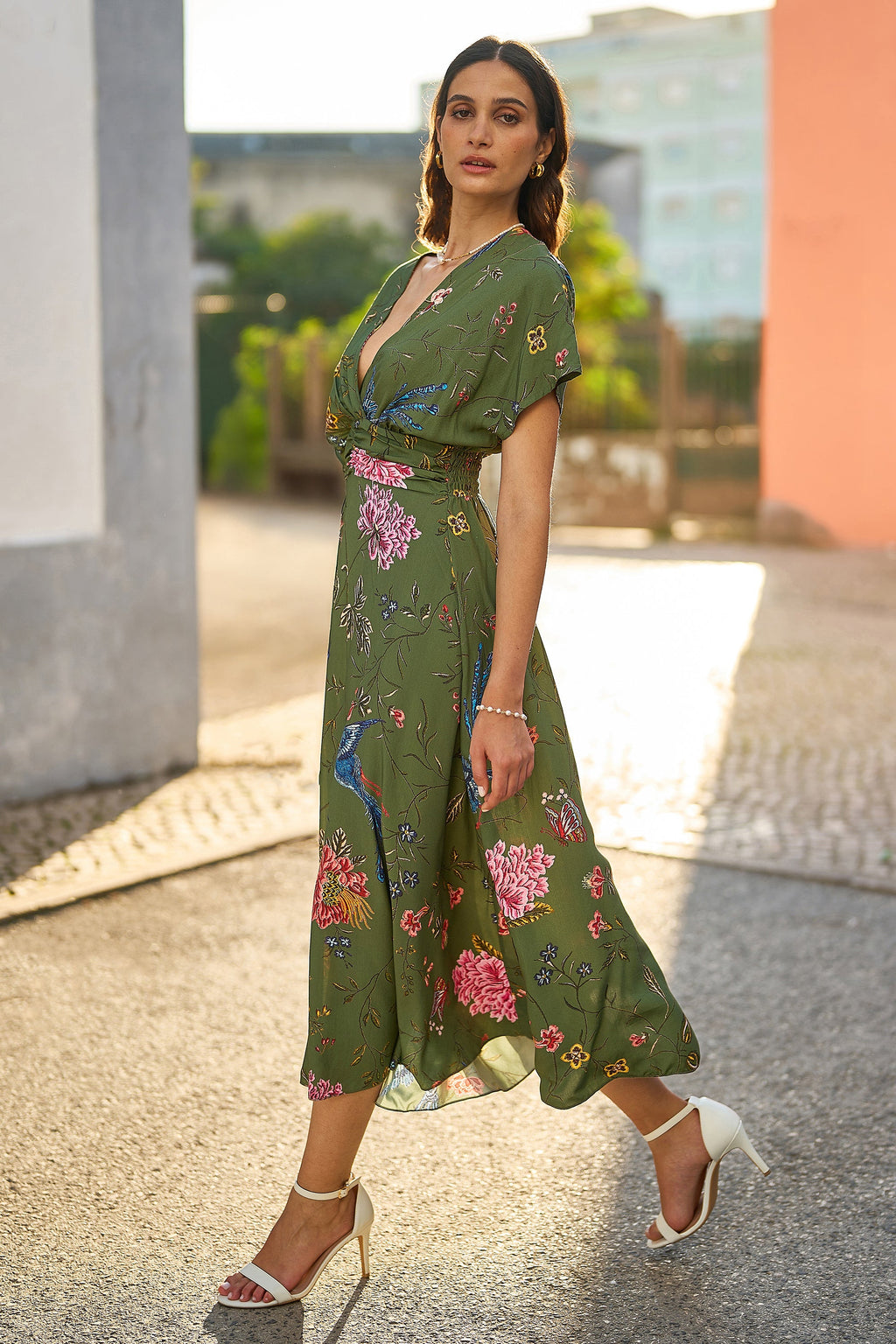 Yumi Green Bird and Floral Print Ruched Waist Kimono Midi Dress