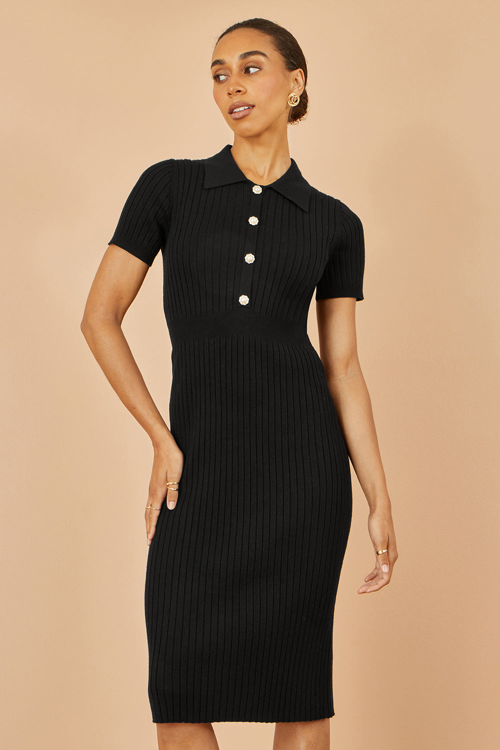 Yumi Black Fitted Rib Knitted Midi Dress With Daisy Buttons