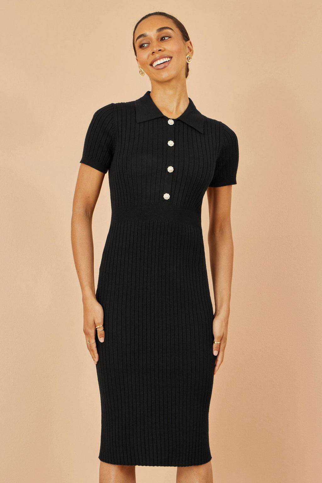 Yumi Black Fitted Rib Knitted Midi Dress With Daisy Buttons