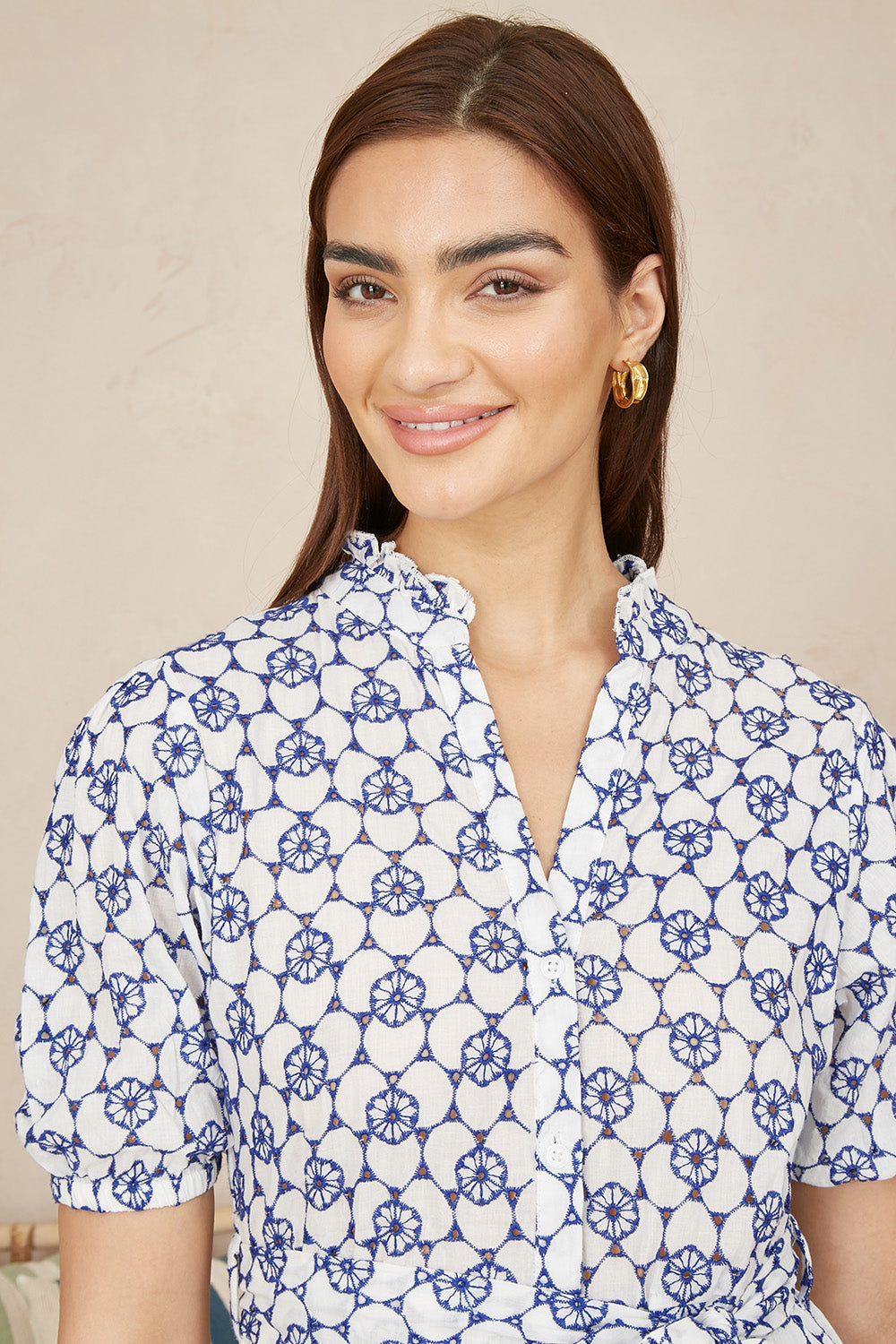 Yumi White and Blue Cotton Broderie Anglaise Midi Shirt Dress