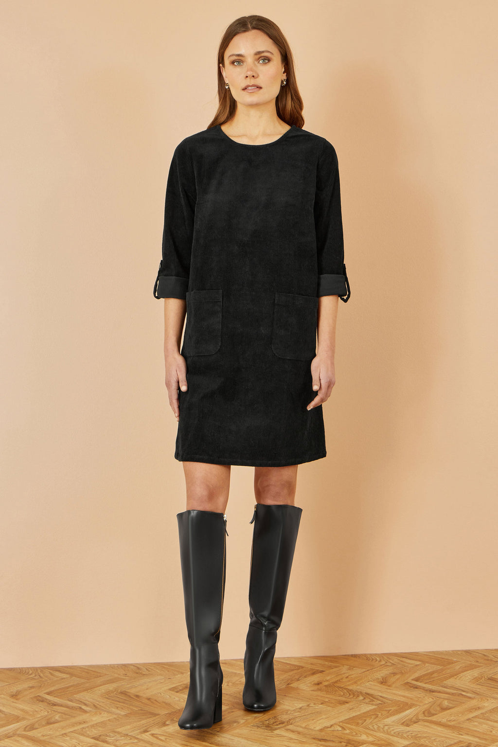 Yumi Black Cord Tunic Dress With 3/4 Sleeves And Pockets