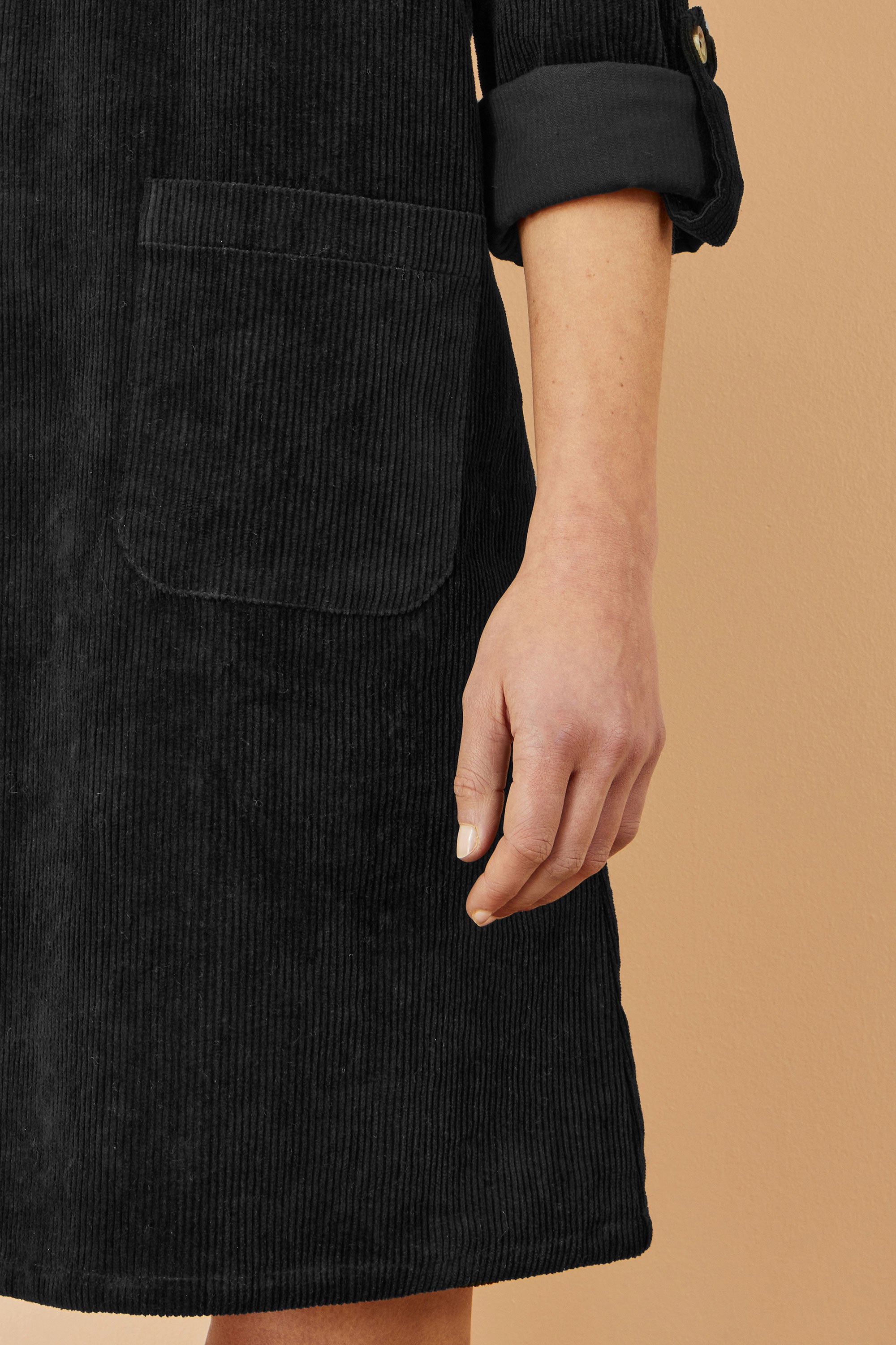 Yumi Black Cord Tunic Dress With 3/4 Sleeves And Pockets