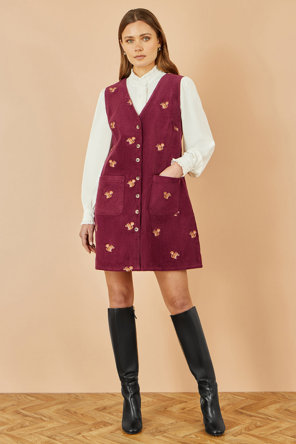 Yumi Burgundy Squirrel Embroidered Button Up Pinafore Dress