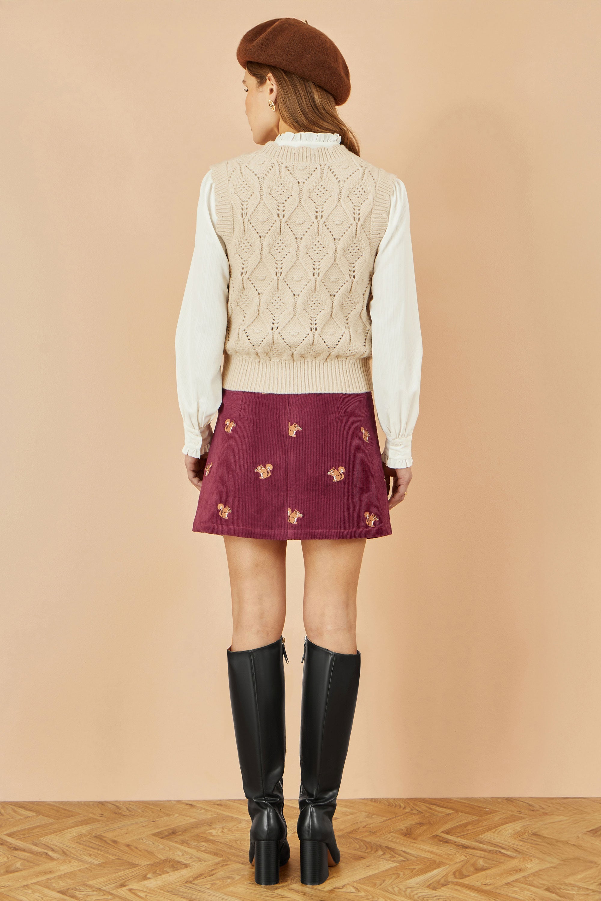 Yumi Burgundy Corduroy Embroidered Squirrel Mini Skirt