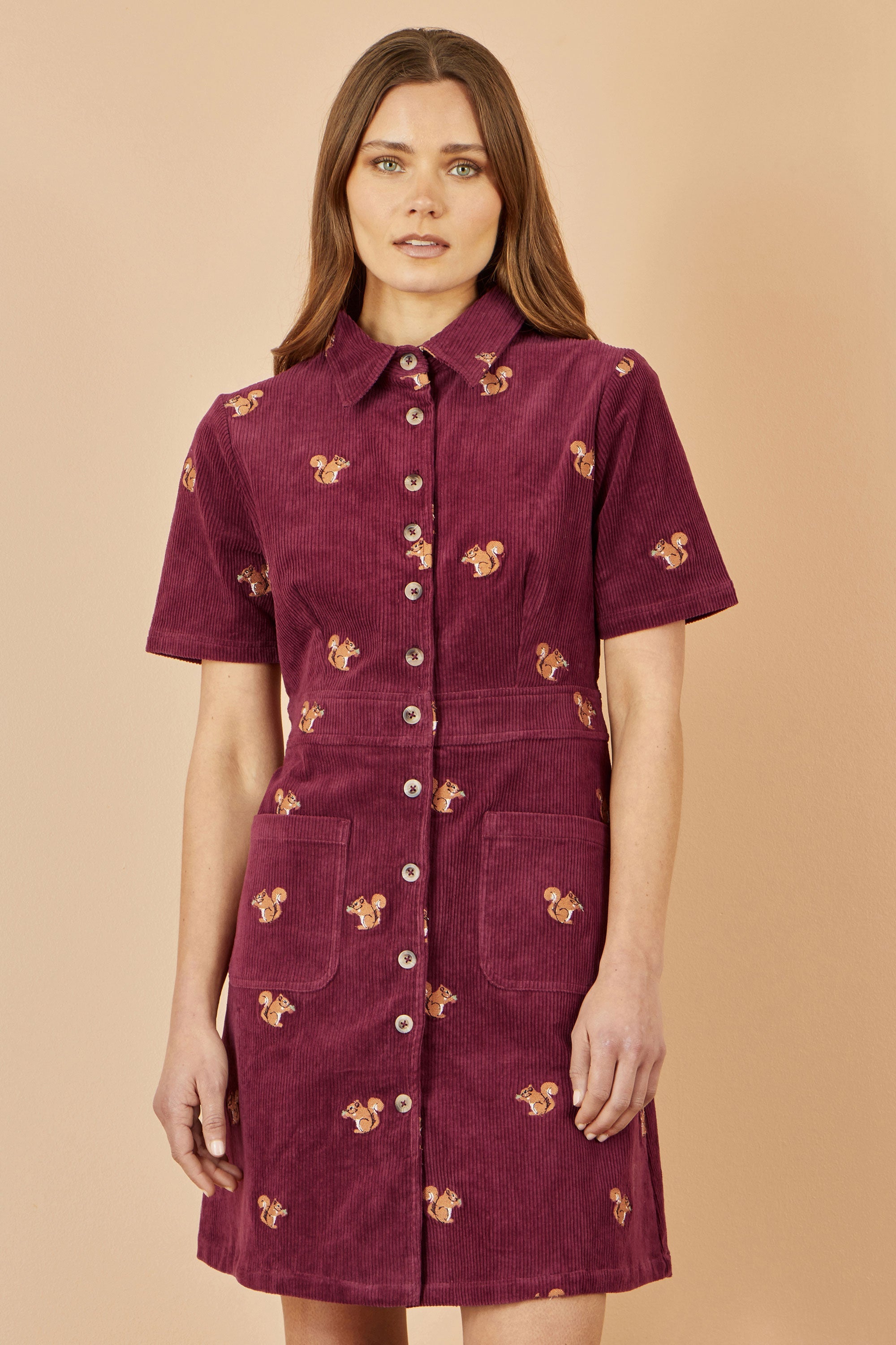 Yumi Burgundy Cord Shirt Dress With All Over Squirrel Embroidery