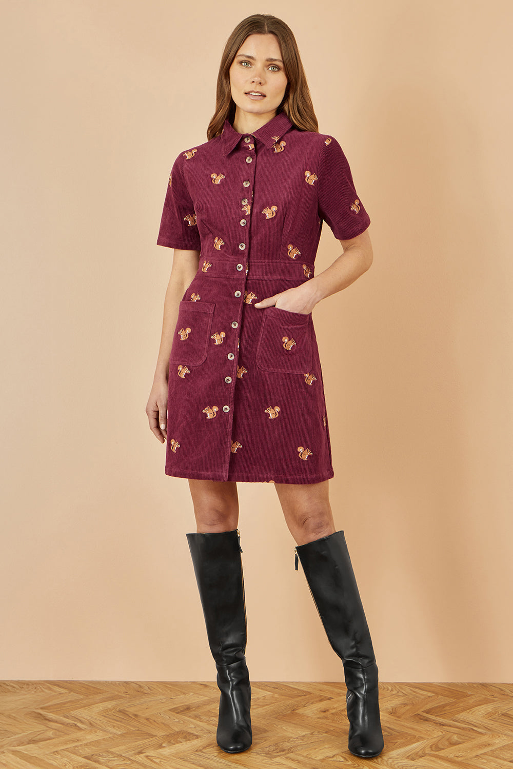 Yumi Burgundy Cord Shirt Dress With All Over Squirrel Embroidery