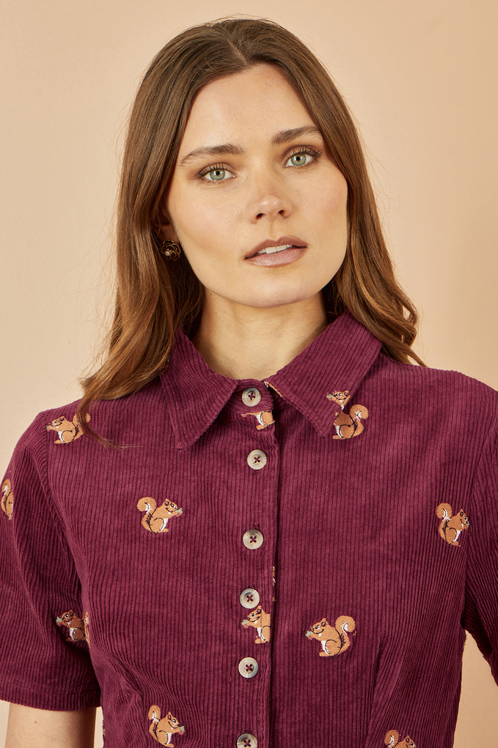 Yumi Burgundy Cord Shirt Dress With All Over Squirrel Embroidery