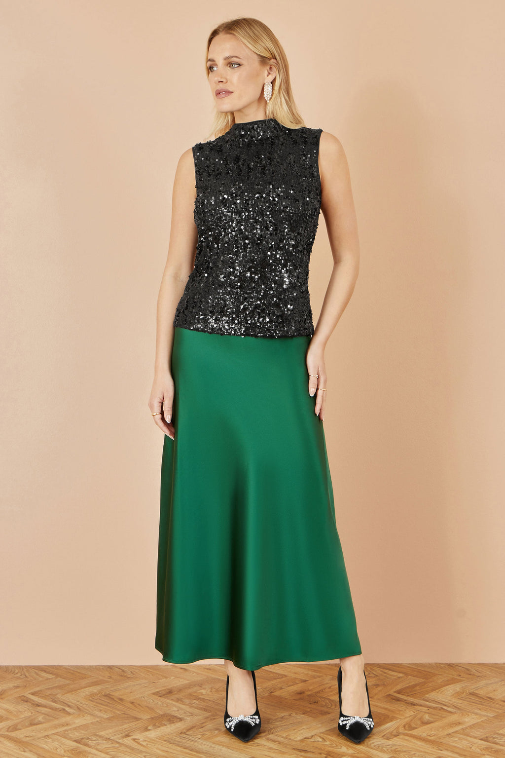 Yumi Green Satin Midi Skirt
