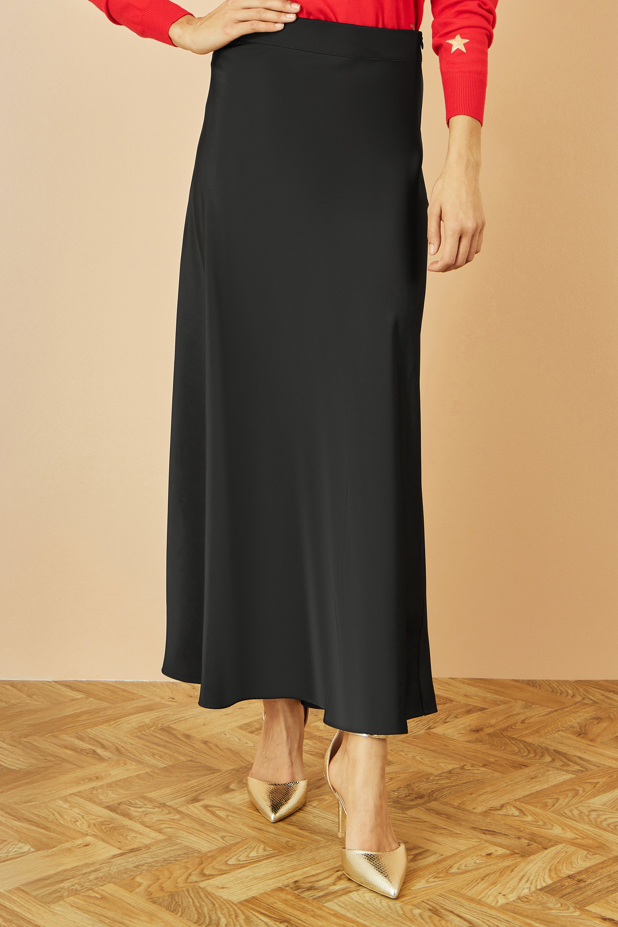 Yumi Black Satin Midi Skirt
