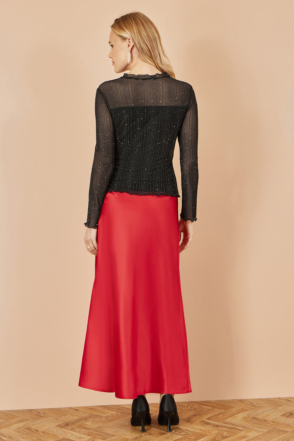 Yumi Red Satin Midi Skirt