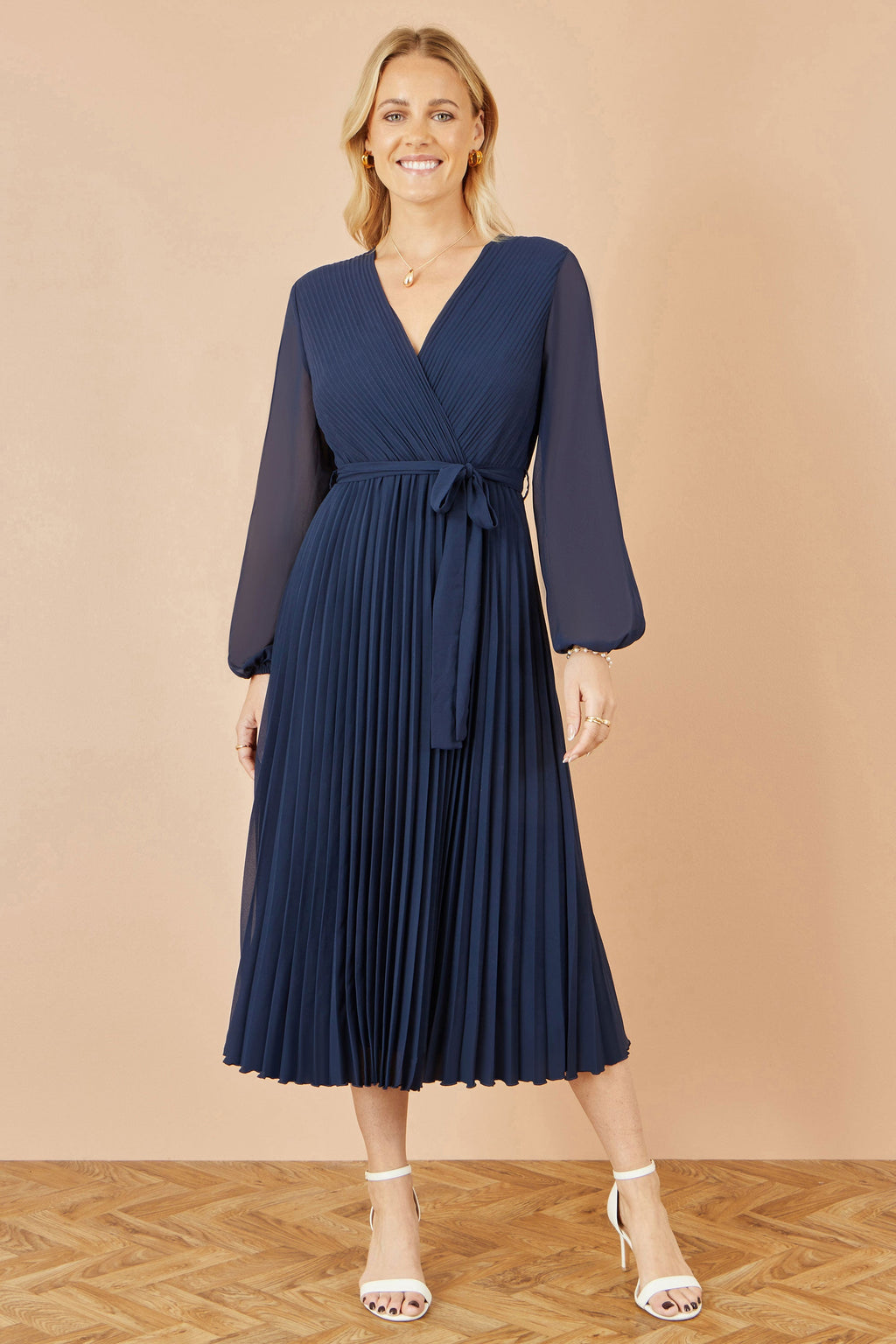 Yumi Navy Pleated Wrap Midi Dress With Sheer Long Sleeves